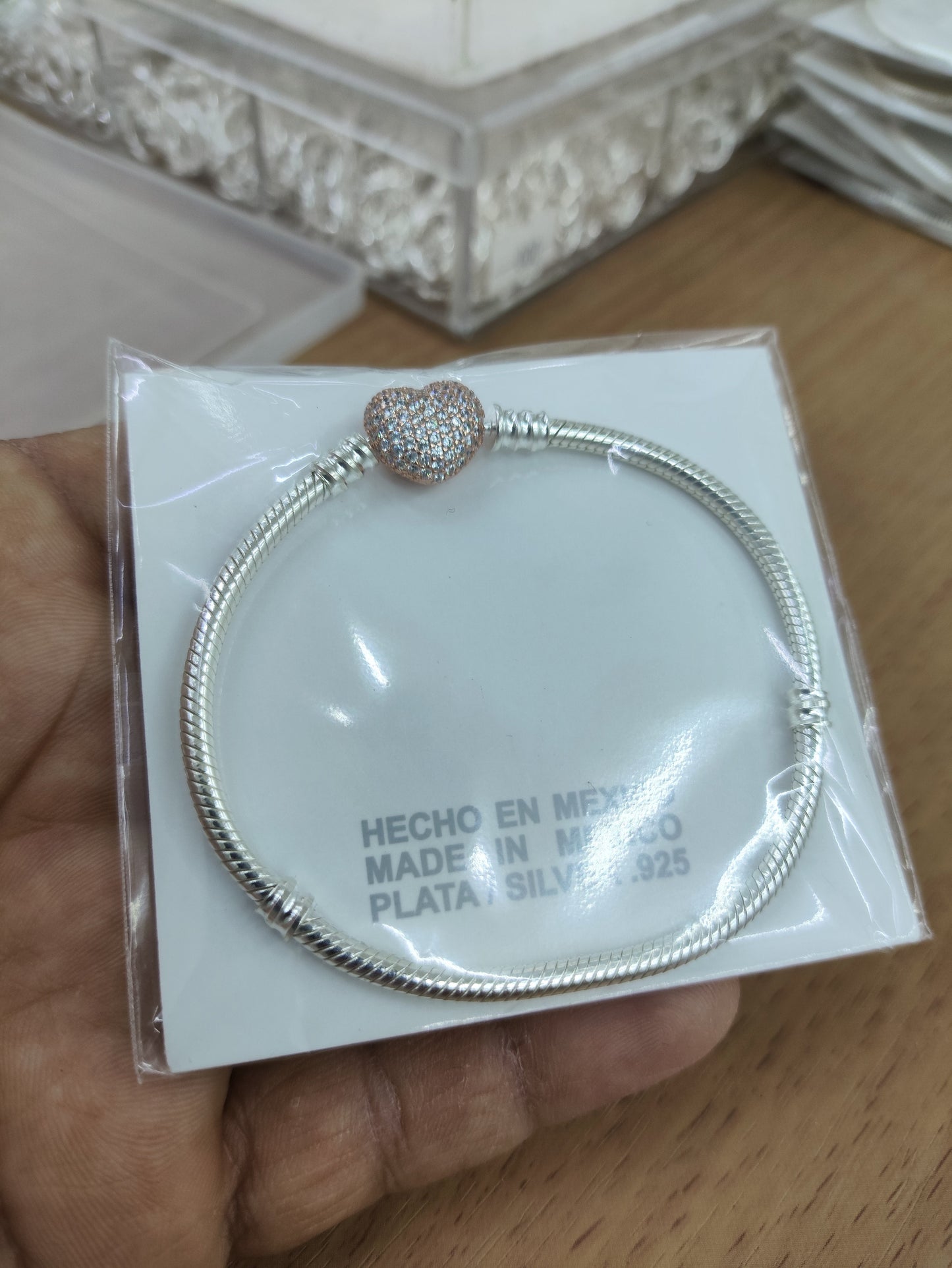 TMPPD007-18 Pulsera Dama Pand Corazón Plata Rosa Pavé 18 cm en Plata Fina .925