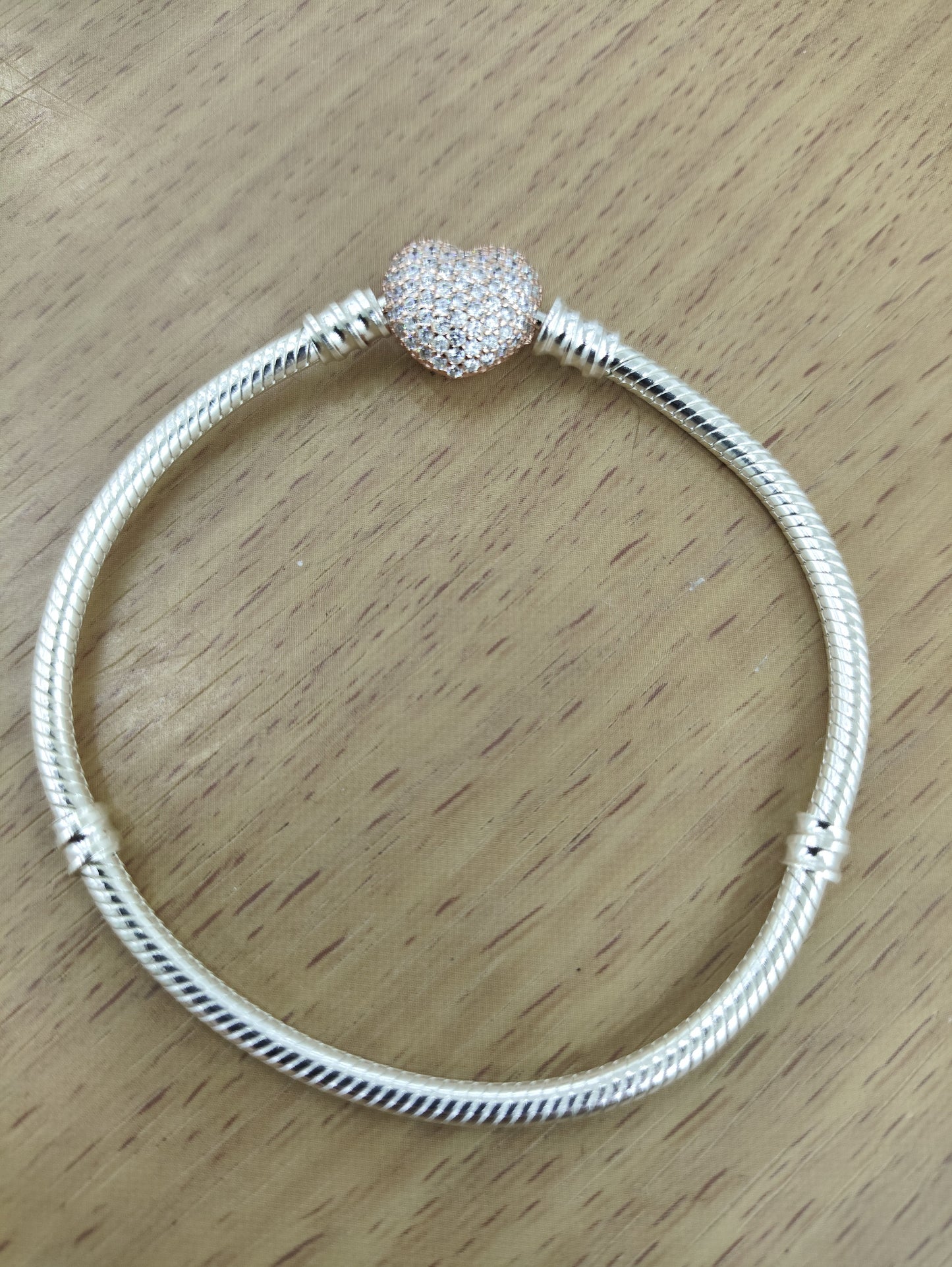 TMPPD007-19 Pulsera Dama Pand Corazón Plata Rosa Pavé 19 cm en Plata Fina .925