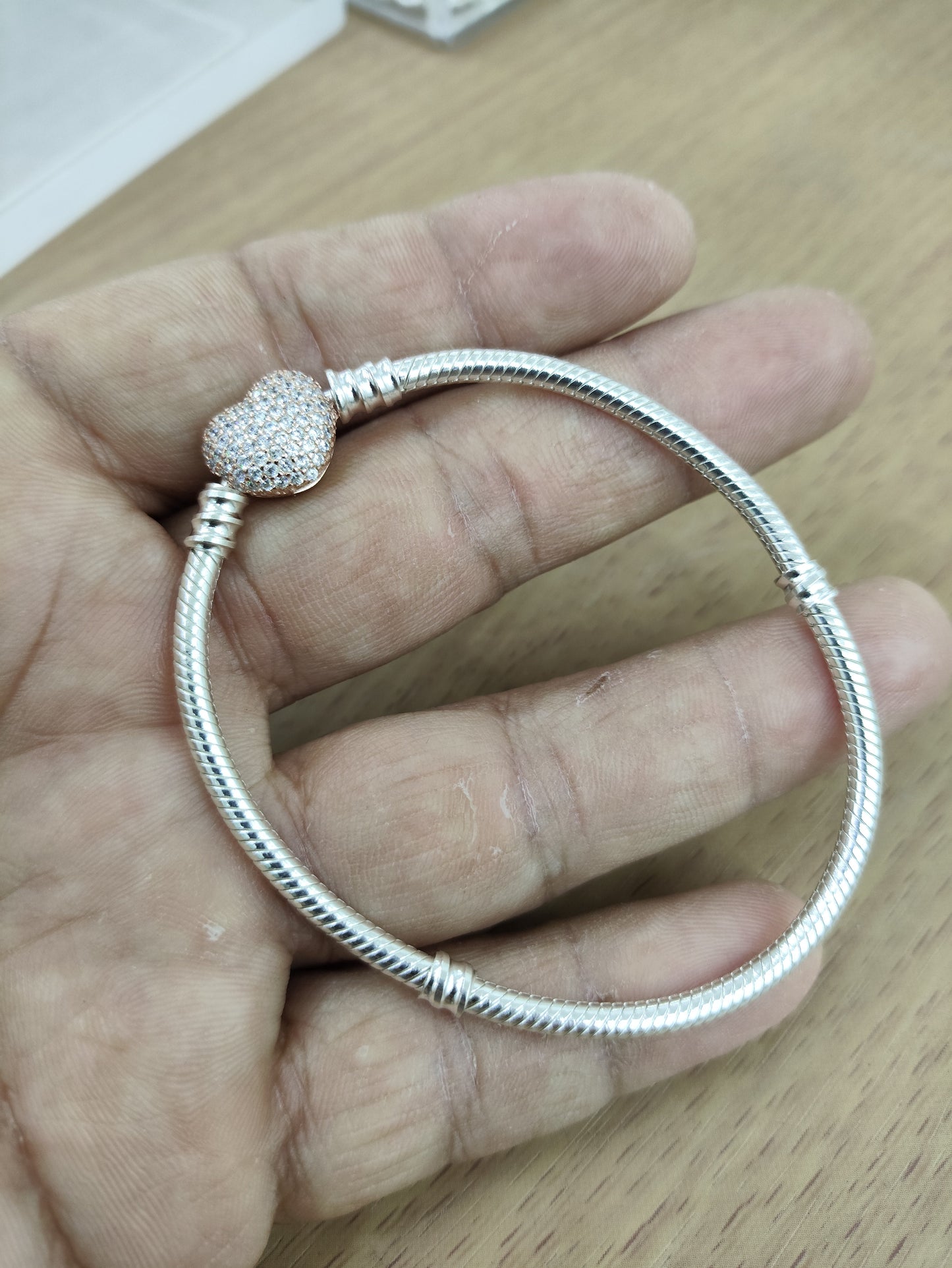 TMPPD007-18 Pulsera Dama Pand Corazón Plata Rosa Pavé 18 cm en Plata Fina .925