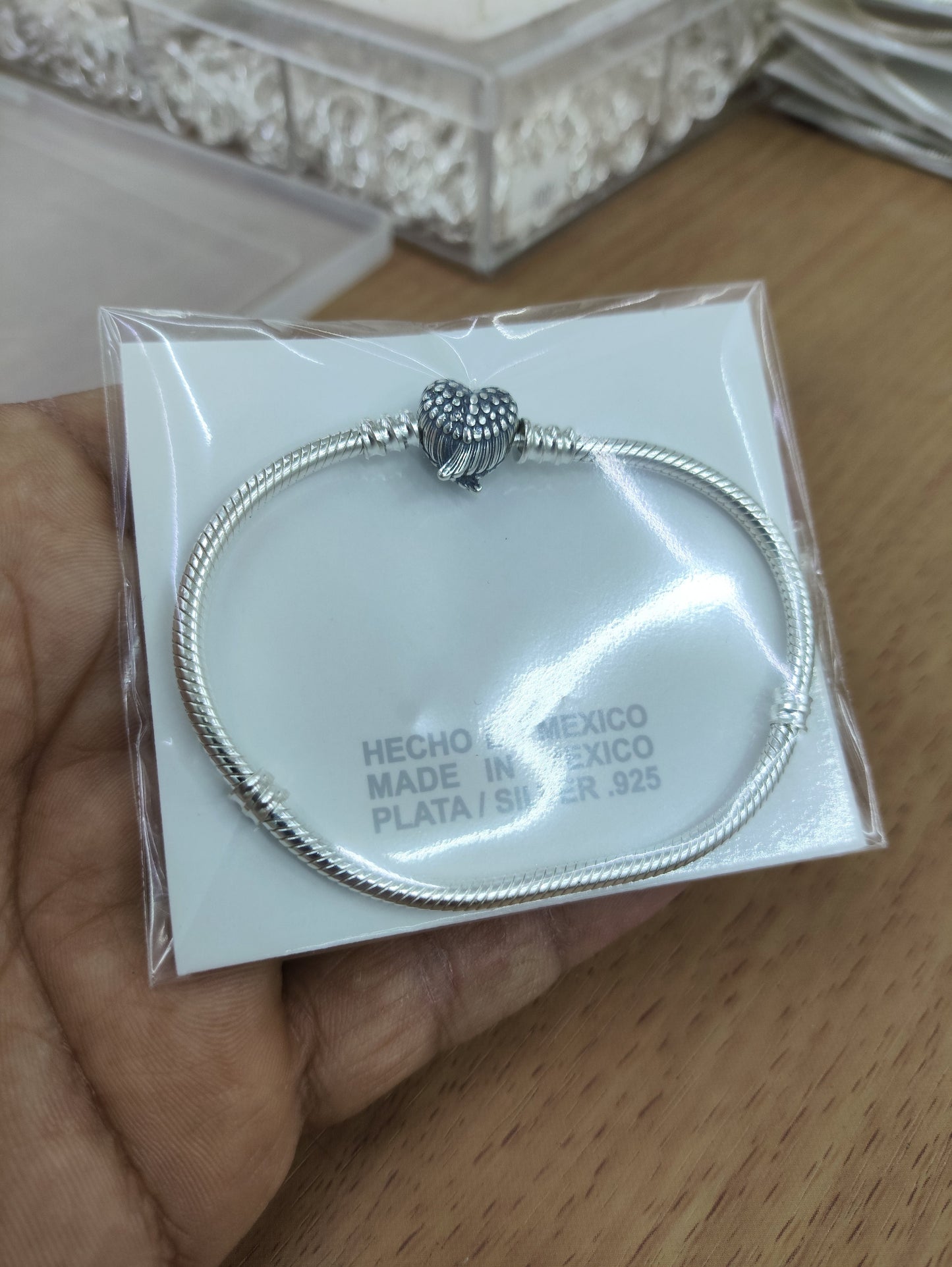 TMPPD009-18 Pulsera Dama Pand Corazón con Alas 18 cm en Plata Fina .925