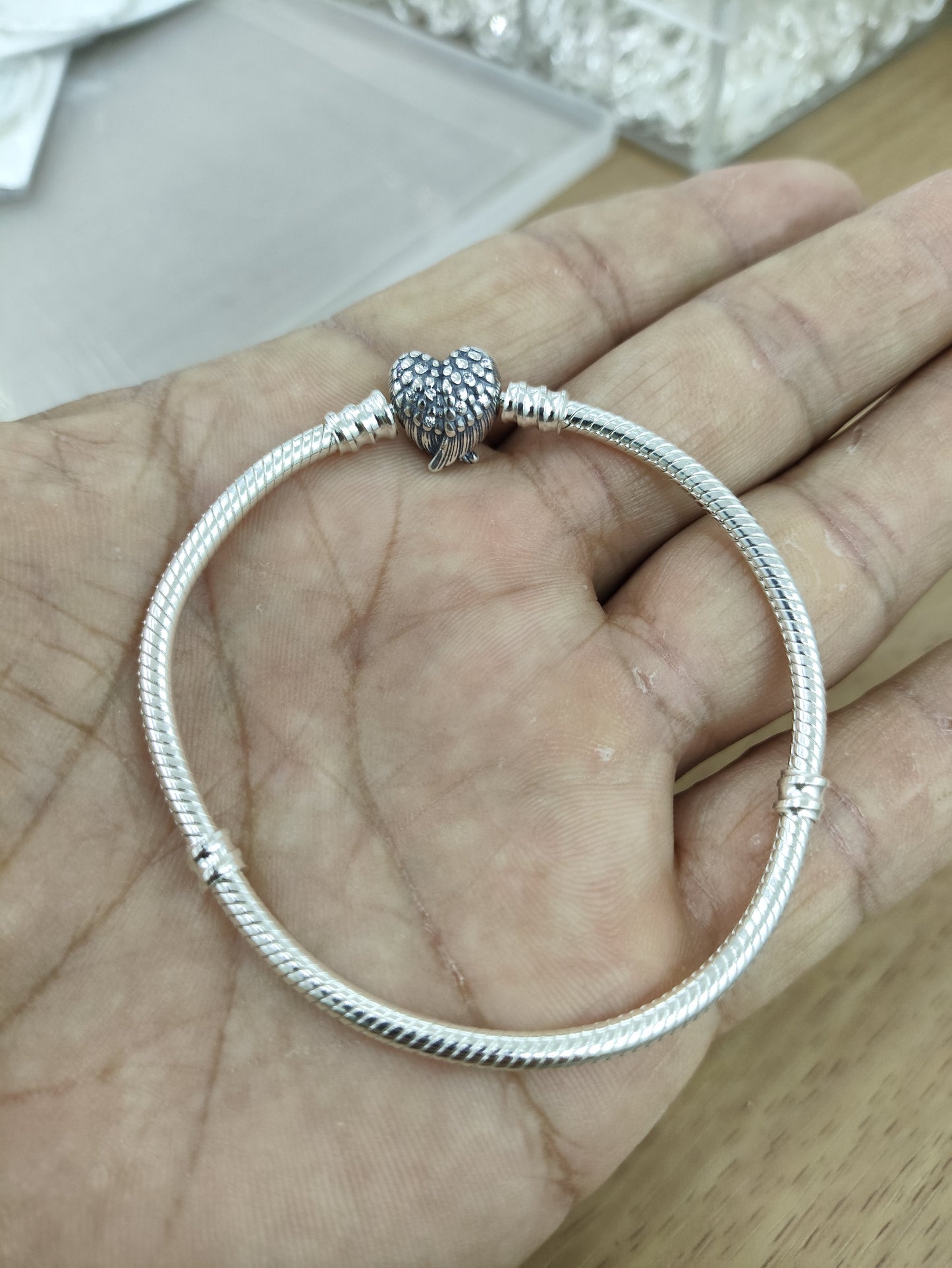 TMPPD009-18 Pulsera Dama Pand Corazón con Alas 18 cm en Plata Fina .925