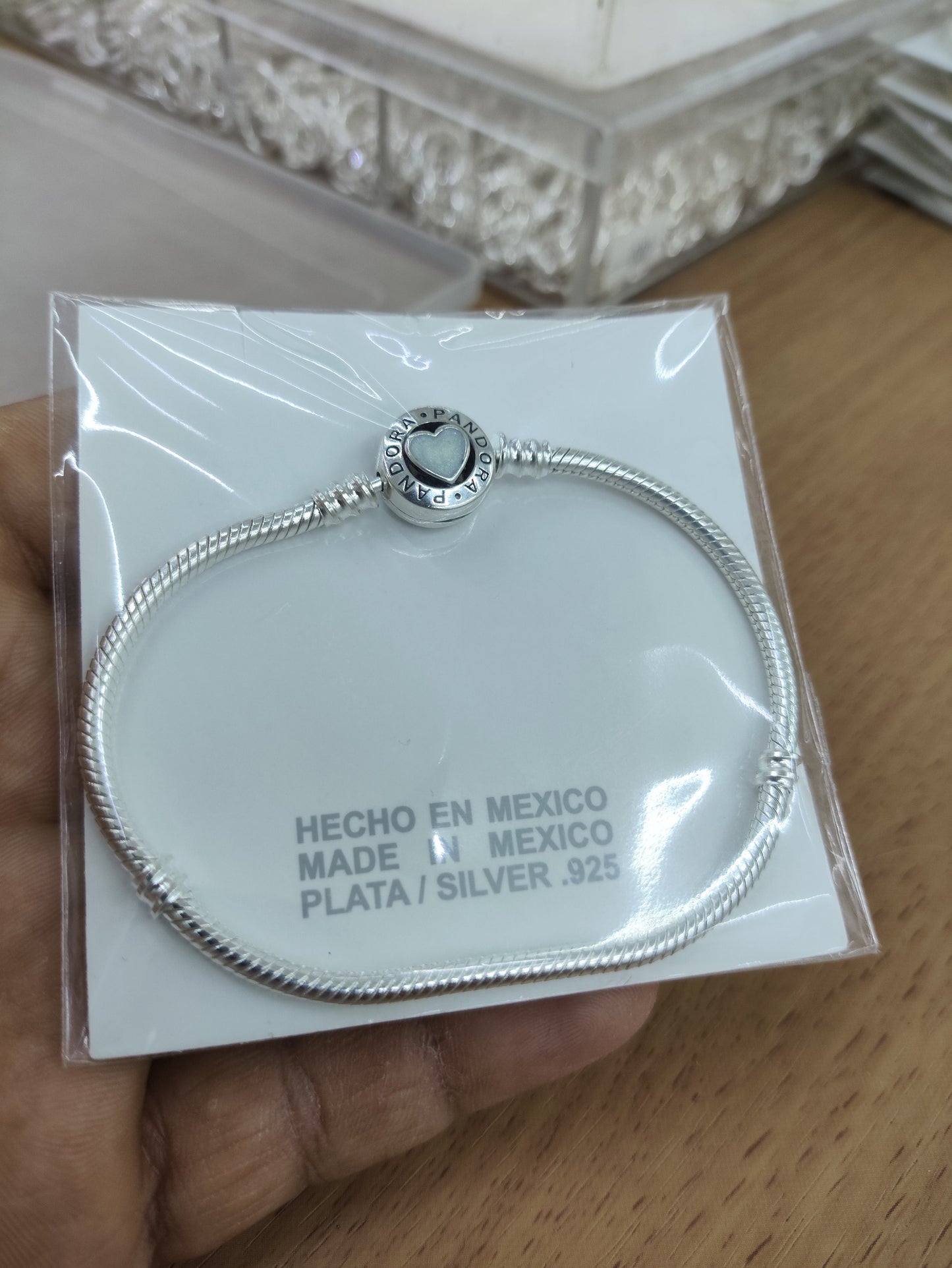 TMPPD011-18 Pulsera Dama Pand Corazón Centro Blanco 18 cm en Plata Fina .925