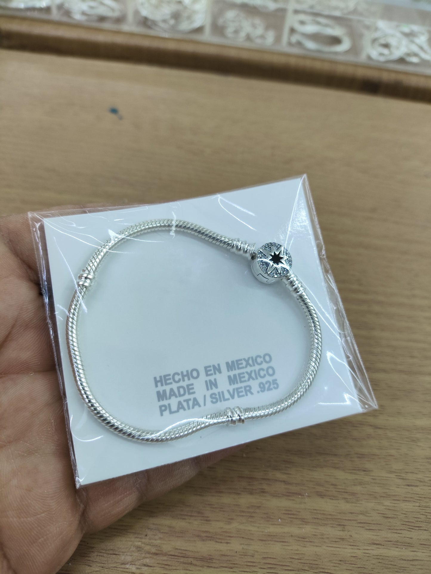 TMPPD018-18 Pulsera Dama Pand Círculo Estrella Centro Negro 18 cm en Plata Fina .925