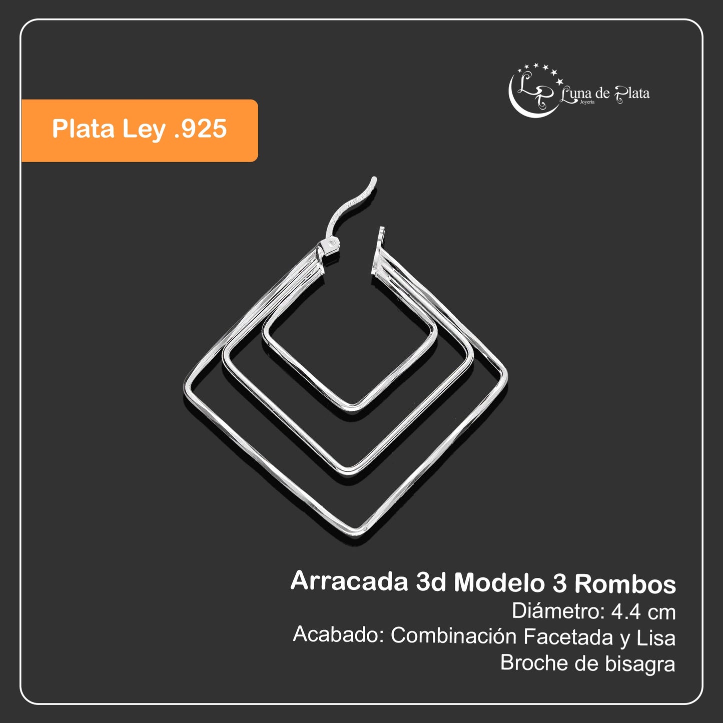 LPA3D013 Arracada 3d Modelo 3 Rombos Facetada Plata .925 Taxco Gro 3026115146