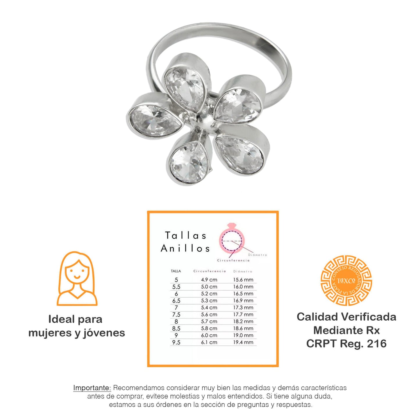 LPAD051 Anillo Flor 5 PG Bco Ajustable Plata .925 Taxco Gro 1480355498