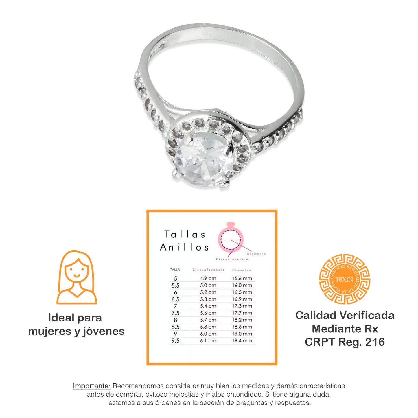 LPAD056 Anillo Modelo Solitario Circulo Pave L Plata .925 Taxco Gro 2689523678