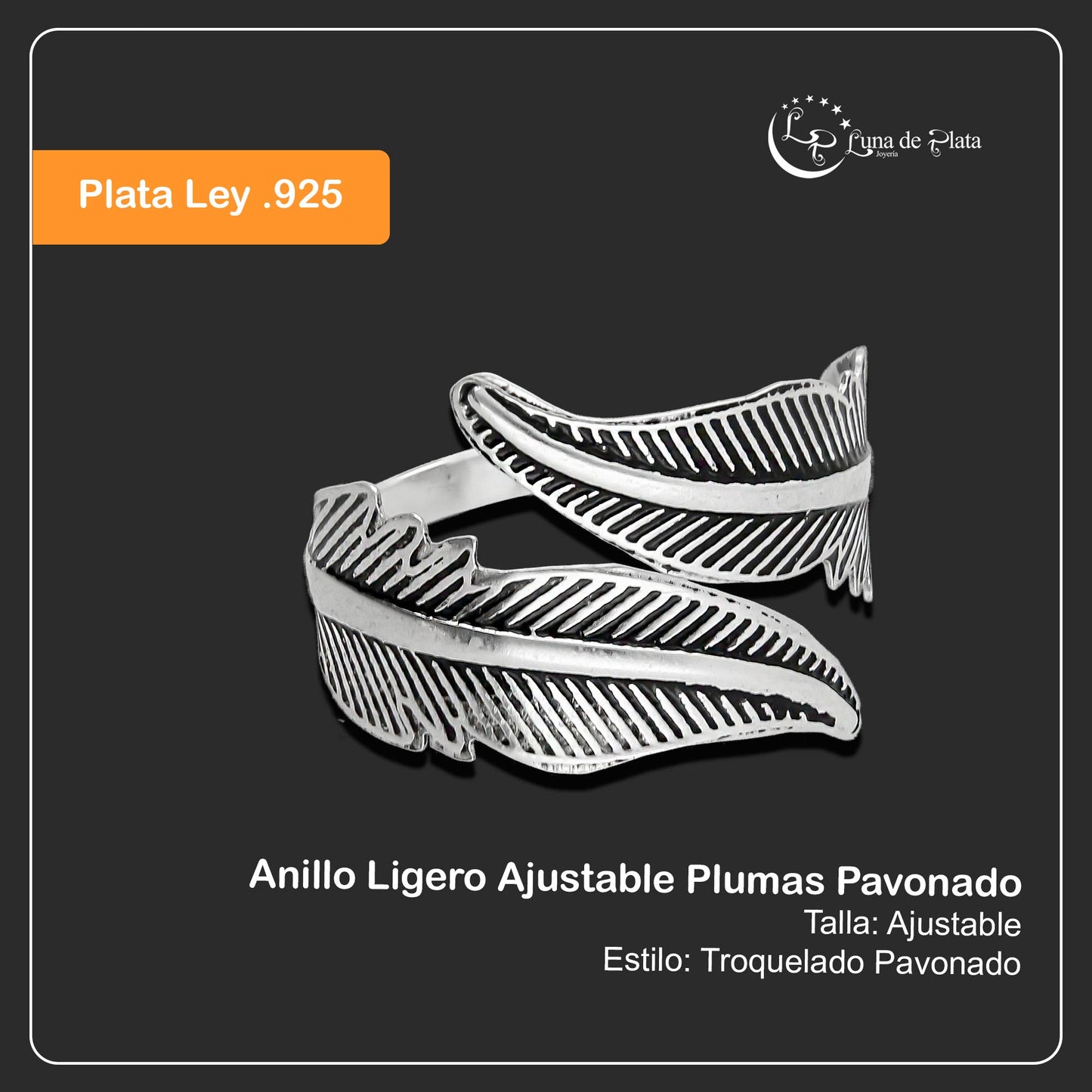 LPAD065 Anillo Ligero Ajustable Plumas Pavonado Plata .925 Taxco Gro 2888728030