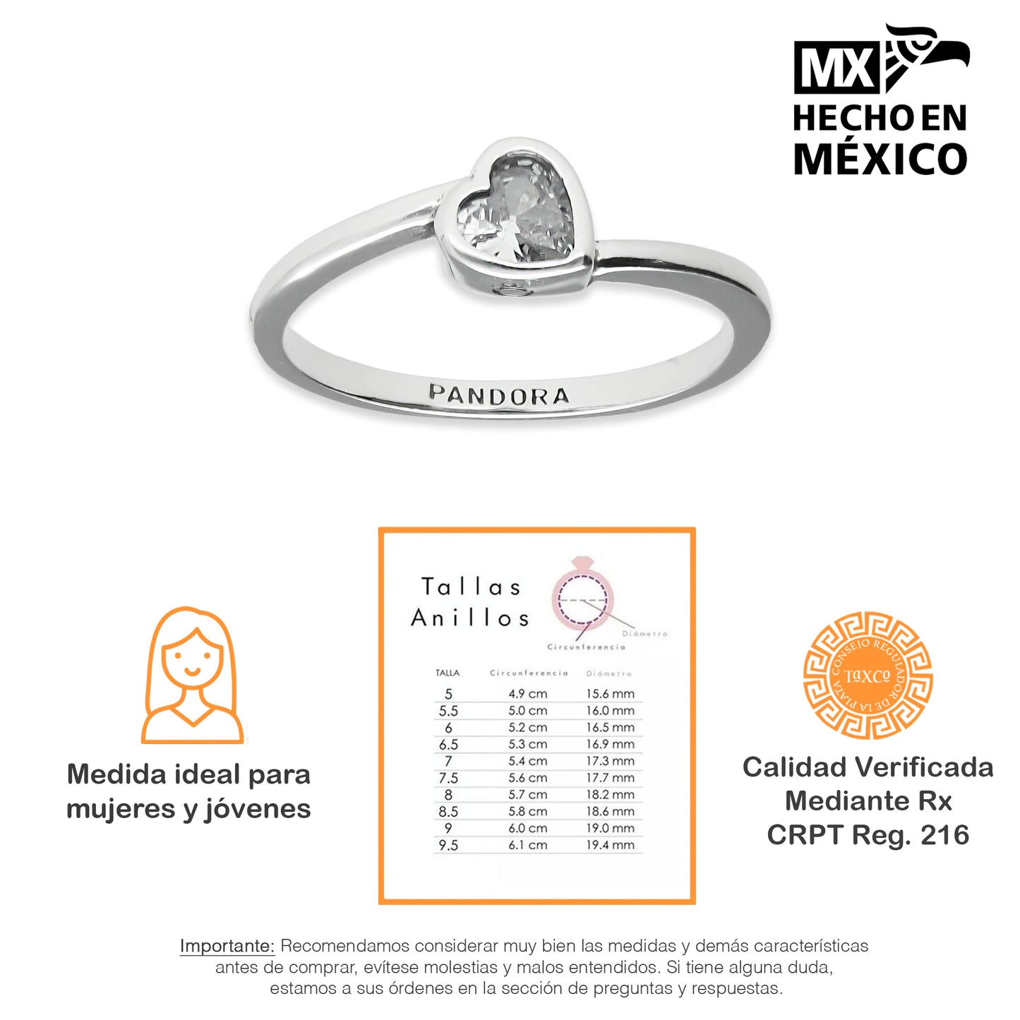 LPAD095 Anillo Pand Solitario Corazón Blanco Plata .925 Taxco Gro