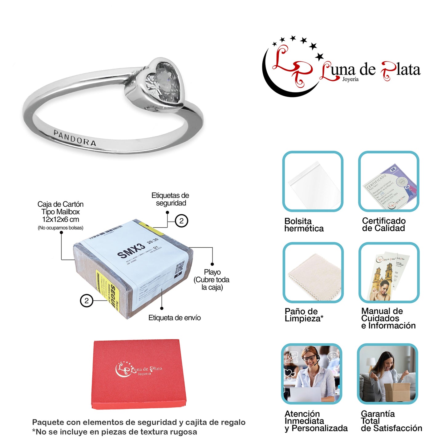LPAD095 Anillo Pand Solitario Corazón Blanco Plata .925 Taxco Gro