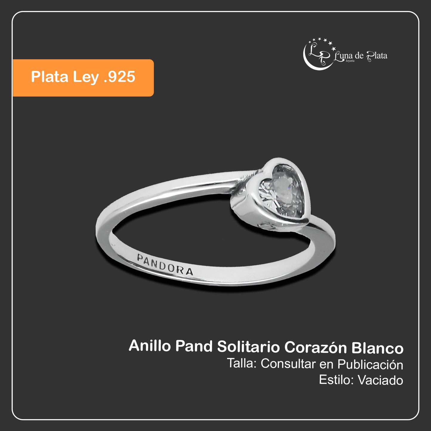 LPAD095 Anillo Pand Solitario Corazón Blanco Plata .925 Taxco Gro