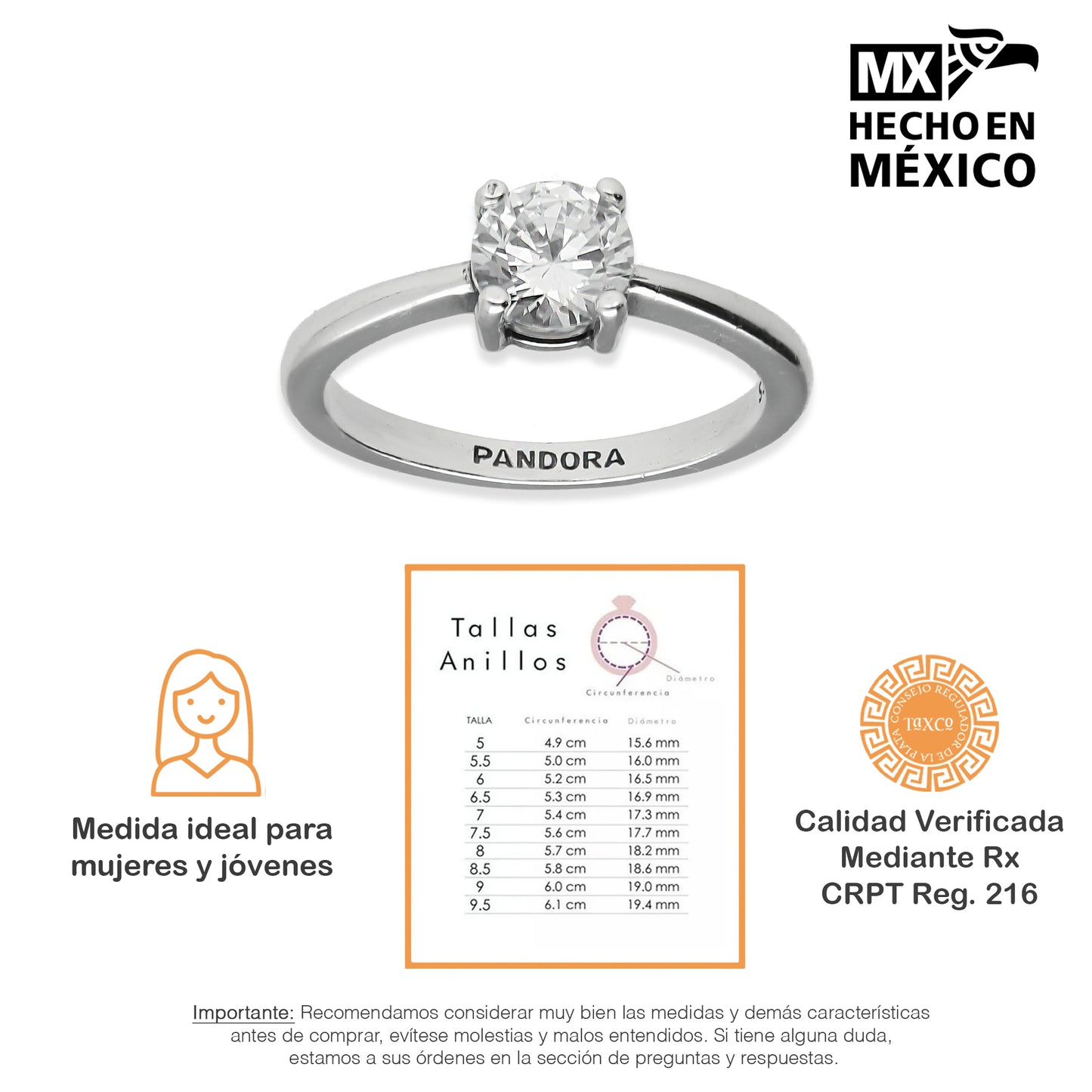 LPAD101 Anillo Pand Solitario 4U Blanco Plata .925 Taxco Gro