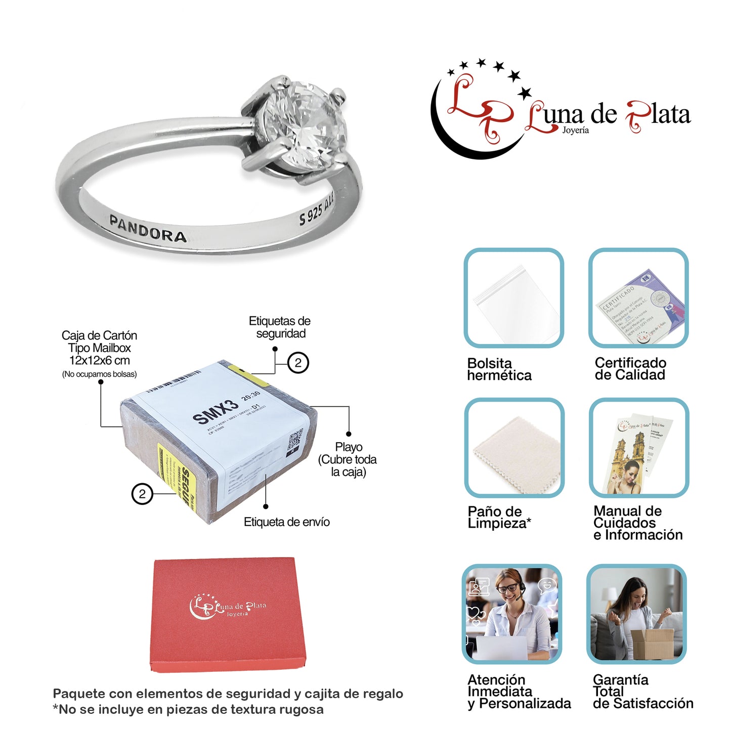 LPAD101 Anillo Pand Solitario 4U Blanco Plata .925 Taxco Gro