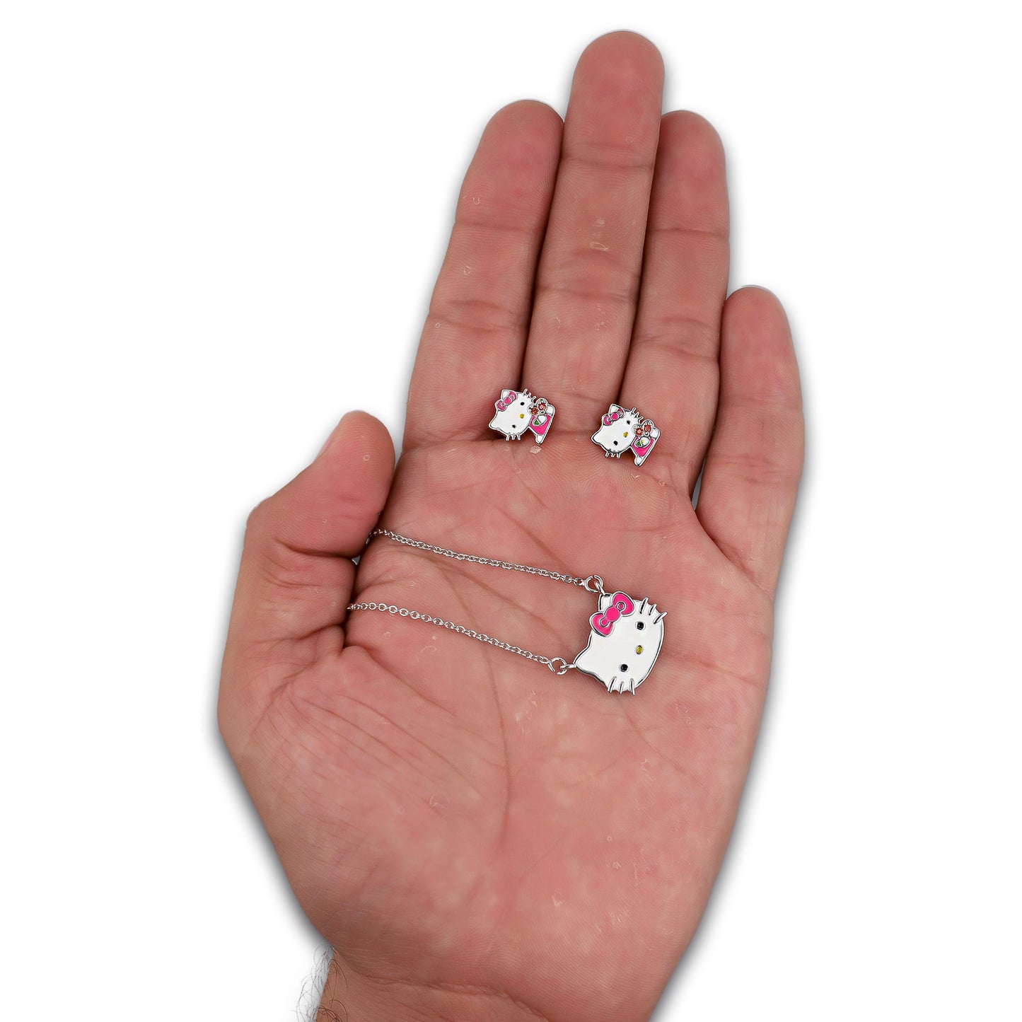 LPADAC002 Set Aretes y Gargantilla con Dije en Acero Inox Kitty Moño Rosa