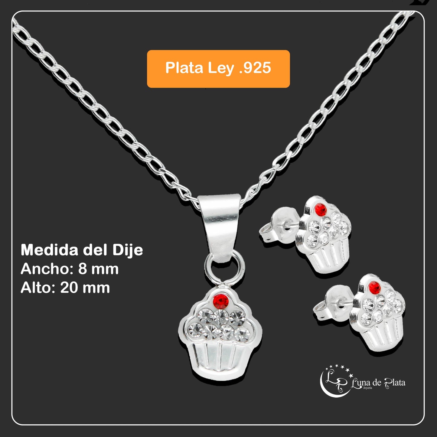 LPADJ020 Set Aretes + Dije + Cadena Cup Cake Cherry en Plata Ley .925 2778911724