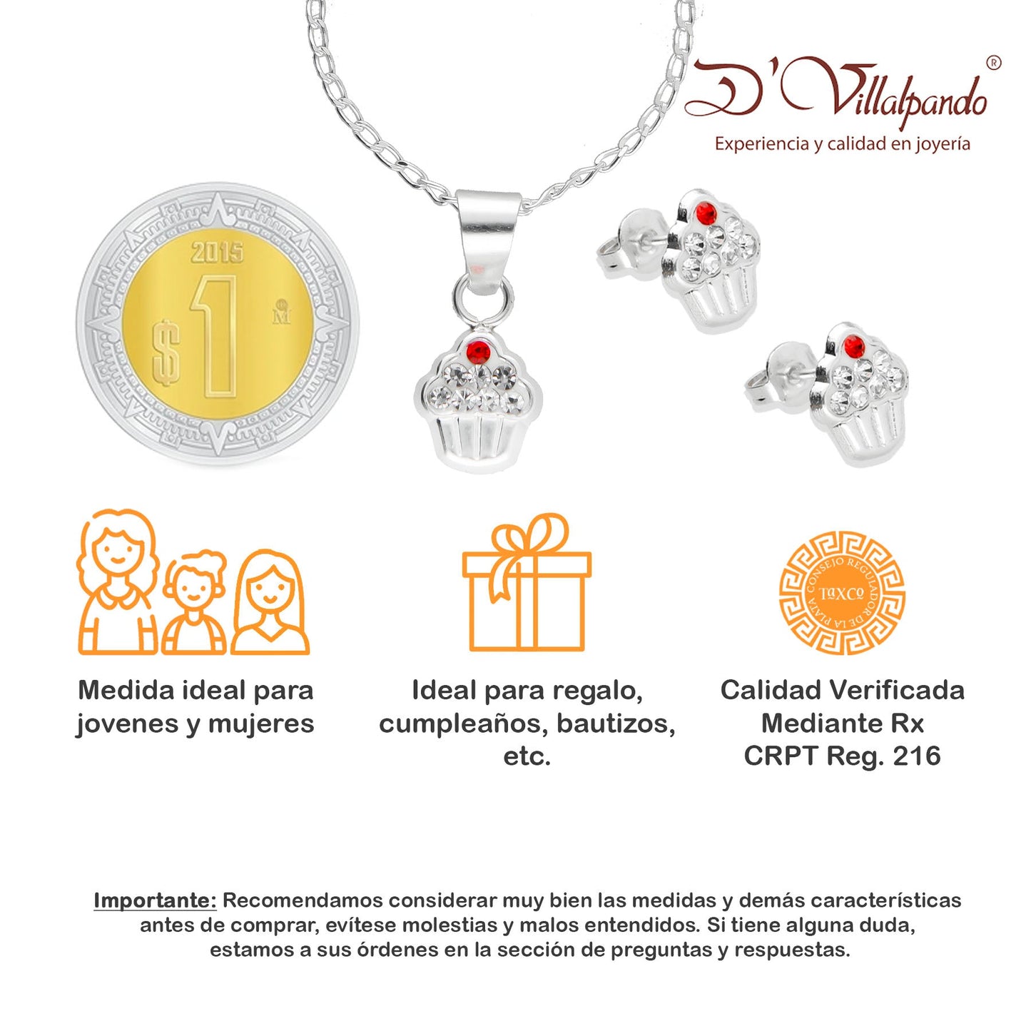 LPADJ020 Set Aretes + Dije + Cadena Cup Cake Cherry en Plata Ley .925 2778911724
