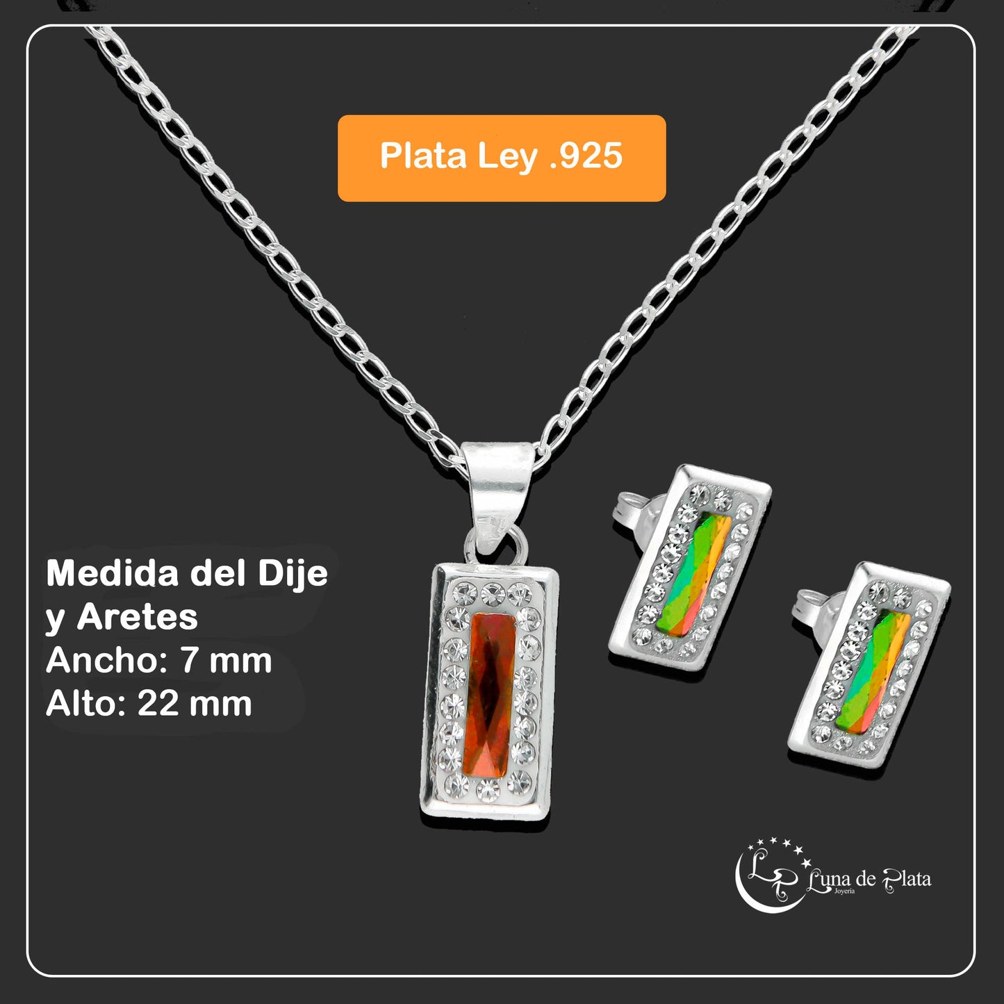 LPADJ022 Set Aretes + Dije + Cadena Rectangulo Tornasol OB en Plata Ley .925 1999628515