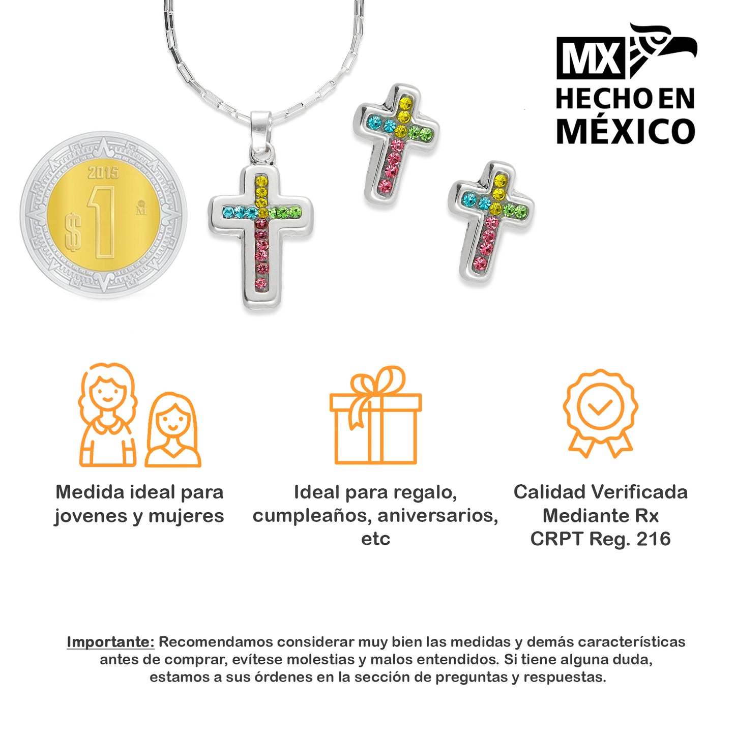 LPADJ054 Set Aretes + Dije + Cadena Cruz Cristales Multicolor en Plata Ley .925 3160145956