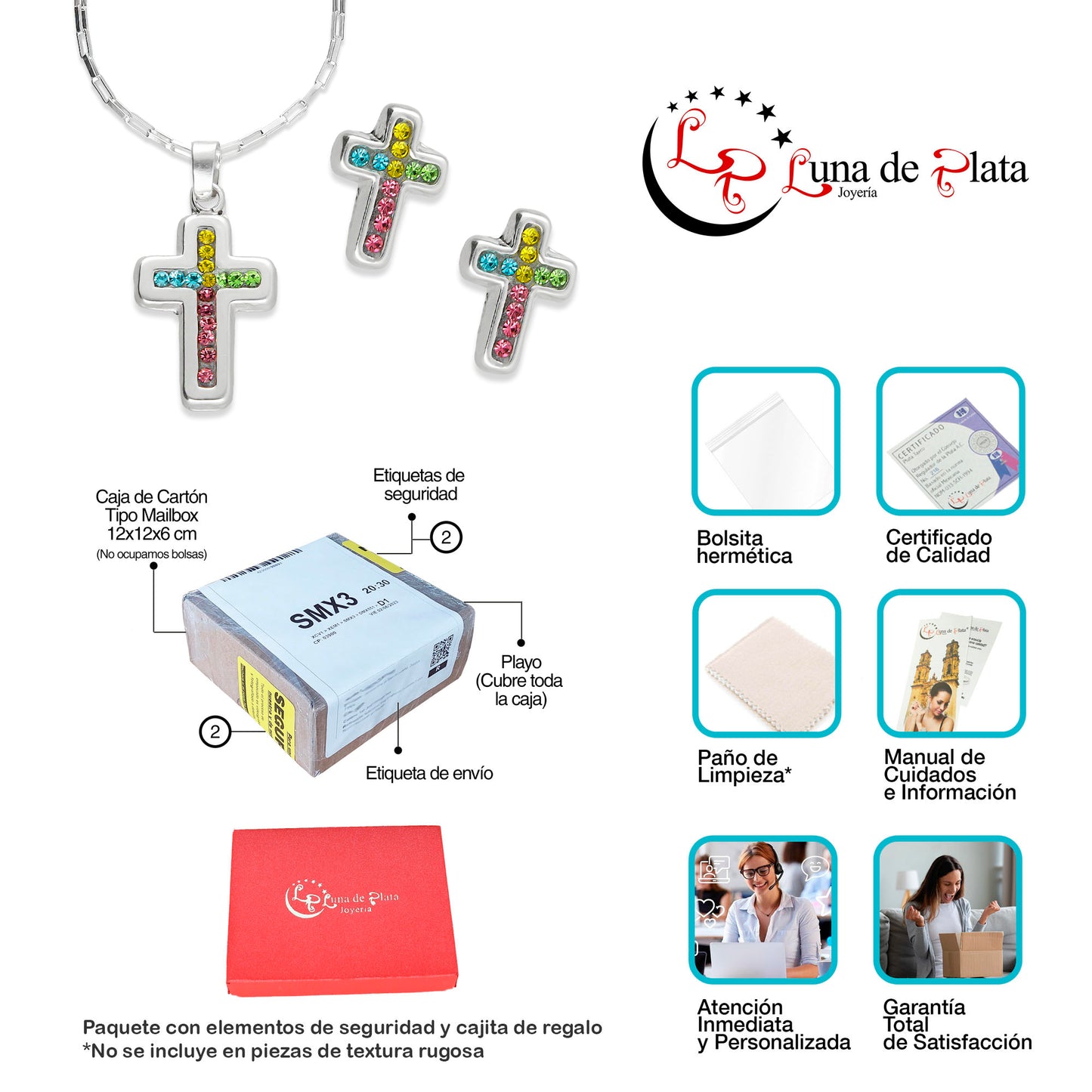LPADJ054 Set Aretes + Dije + Cadena Cruz Cristales Multicolor en Plata Ley .925 3160145956