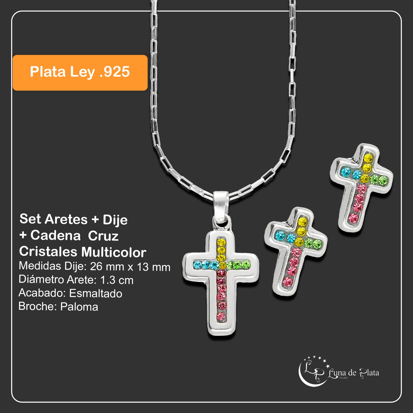 LPADJ054 Set Aretes + Dije + Cadena Cruz Cristales Multicolor en Plata Ley .925 3160145956
