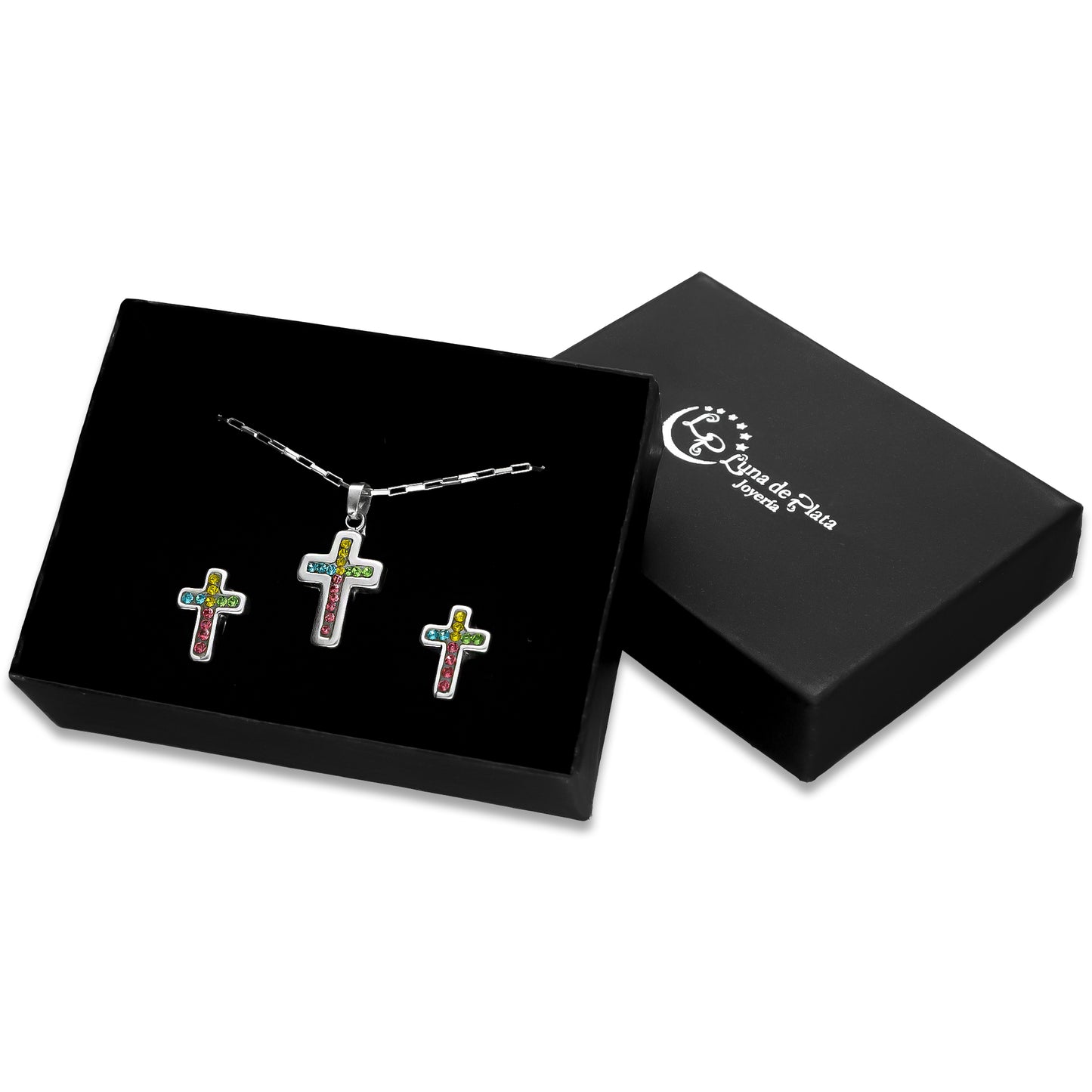 LPADJ054 Set Aretes + Dije + Cadena Cruz Cristales Multicolor en Plata Ley .925 3160145956