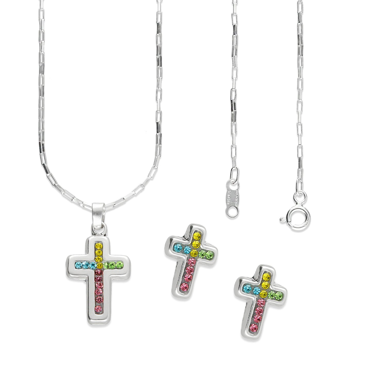LPADJ054 Set Aretes + Dije + Cadena Cruz Cristales Multicolor en Plata Ley .925 3160145956