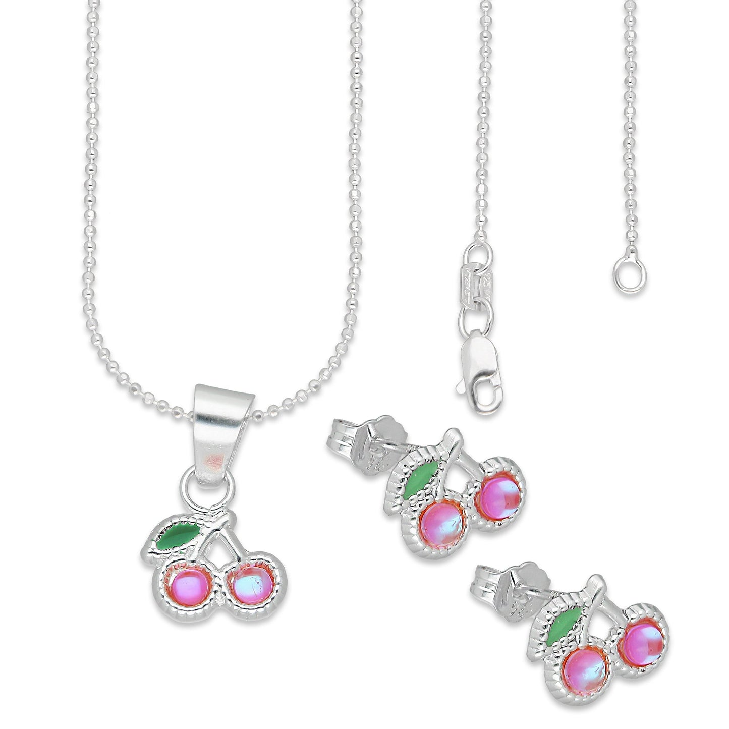LPADJ065 Set Aretes + Dije + Cadena Cereza Rosa Iris Diámetro 1.6 cm en Plata Ley .925