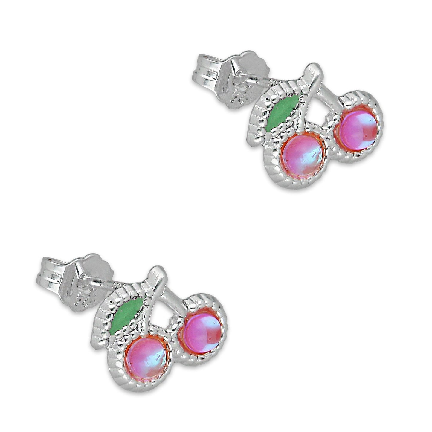 LPADJ066 Set de Aretes y Dije Cereza Rosa Iris Diámetro 1.6 cm en Plata Ley .925