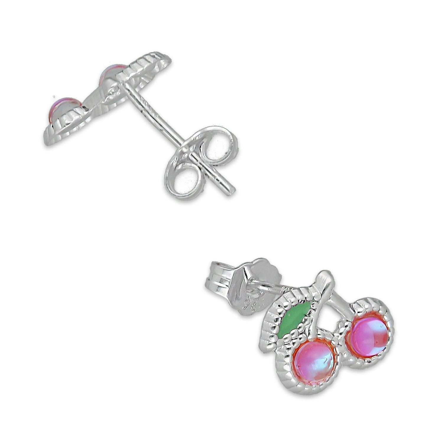 LPADJ066 Set de Aretes y Dije Cereza Rosa Iris Diámetro 1.6 cm en Plata Ley .925