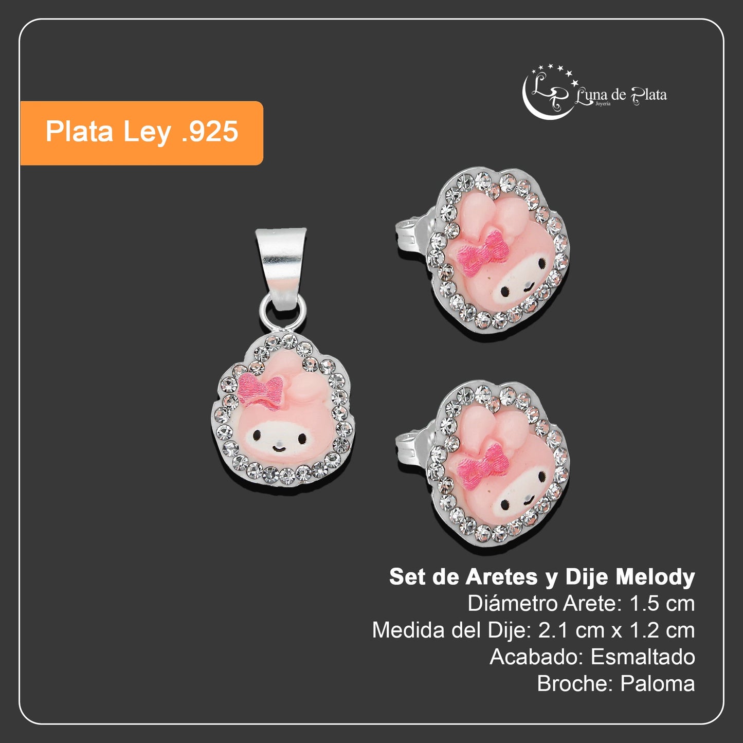 LPADJ068 Set de Aretes y Dije Melody Diámetro 2.1 cm en Plata Ley .925