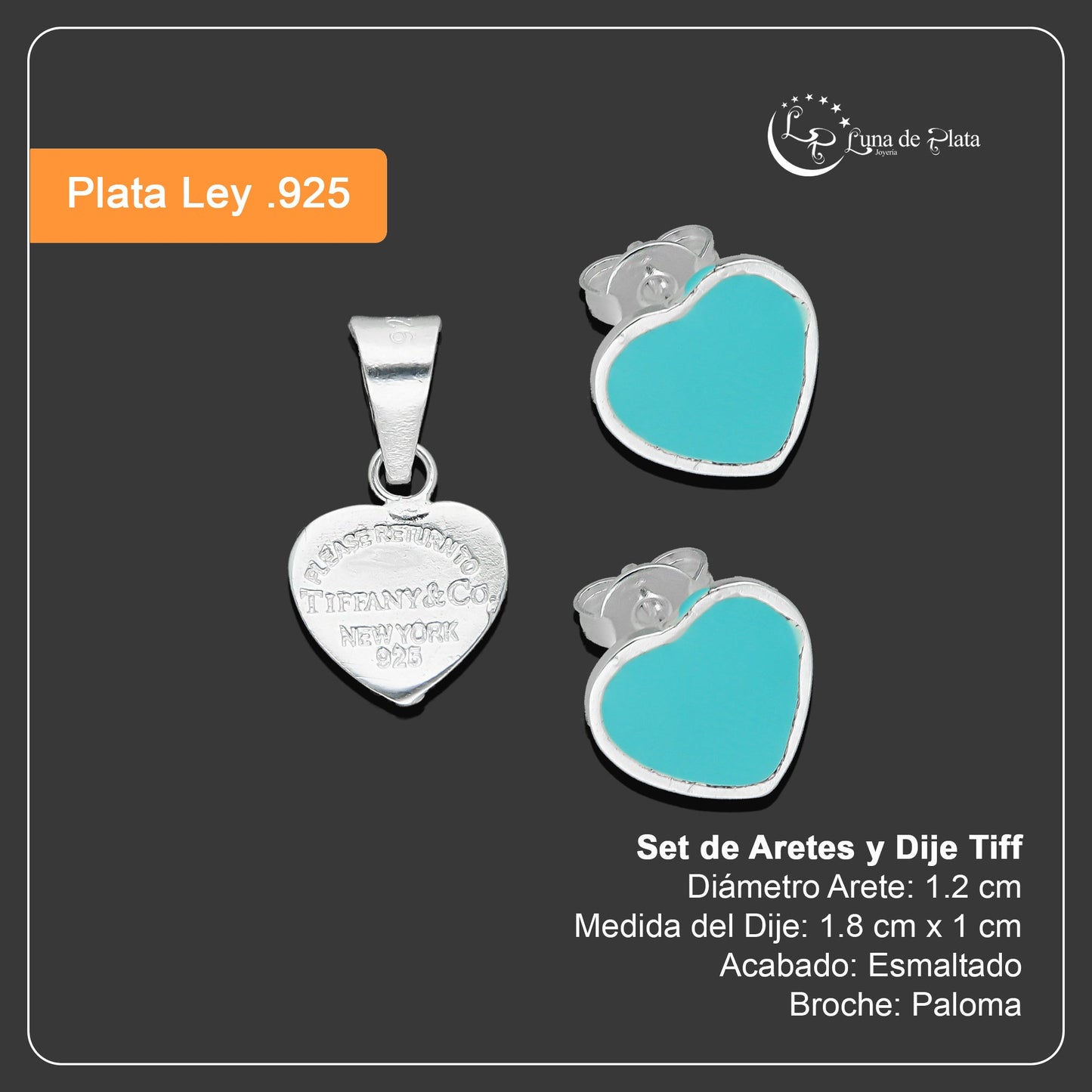 LPADJ070 Set de Aretes y Dije Tiff Diámetro 1.8 cm en Plata Ley .925