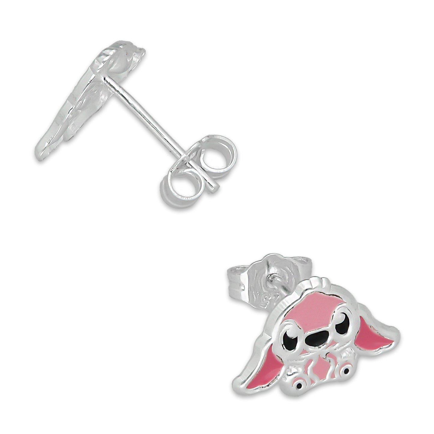 LPADJ072 Set de Aretes y Dije Stitch Rosa Diámetro 1.6 cm en Plata Ley .925