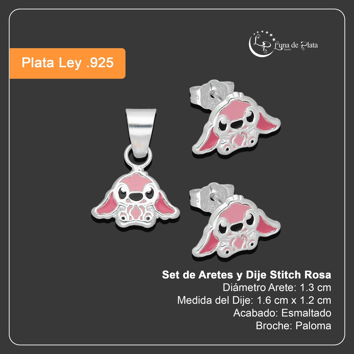 LPADJ072 Set de Aretes y Dije Stitch Rosa Diámetro 1.6 cm en Plata Ley .925