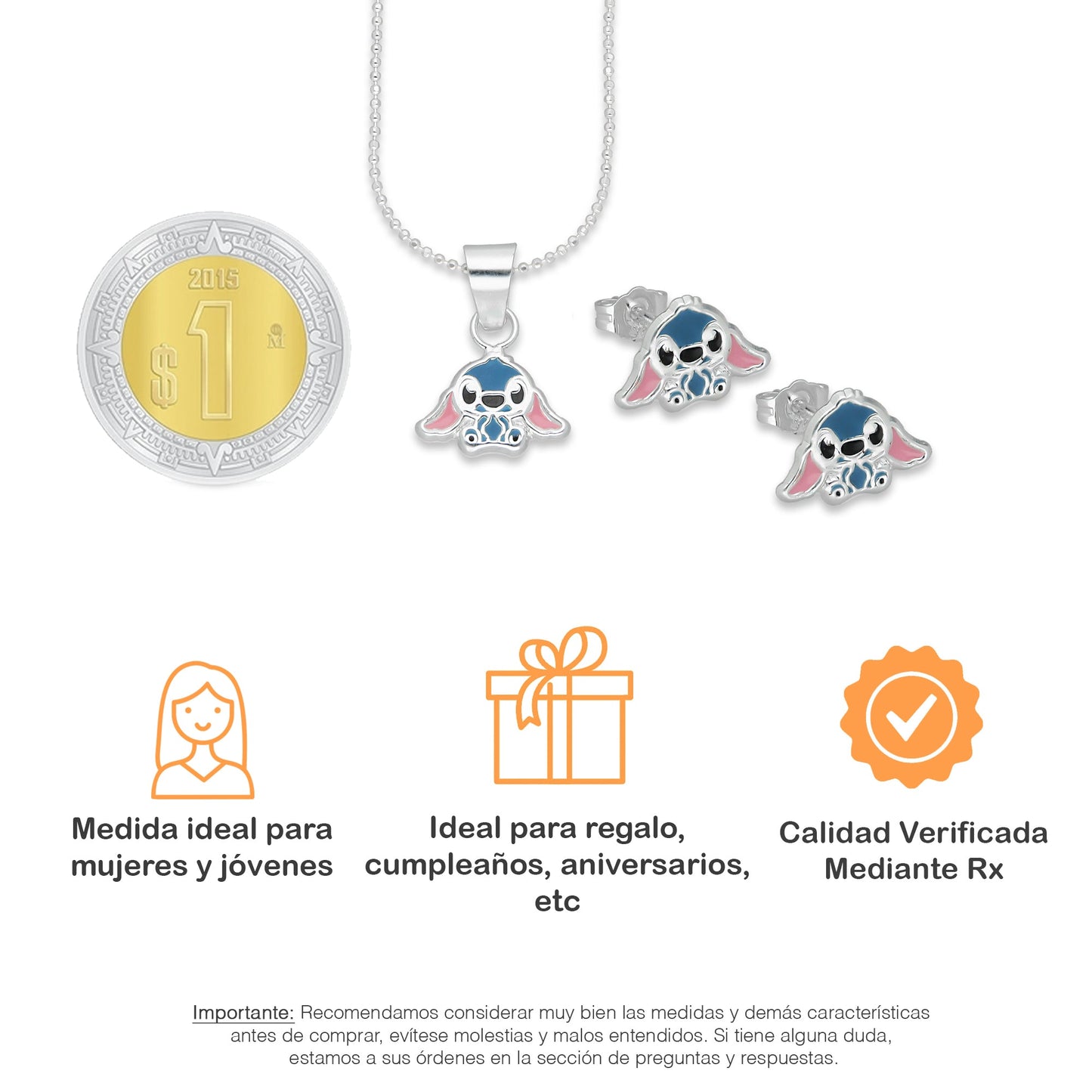LPADJ073 Set Aretes + Dije + Cadena Stitch Azul Diámetro 1.6 cm en Plata Ley .925