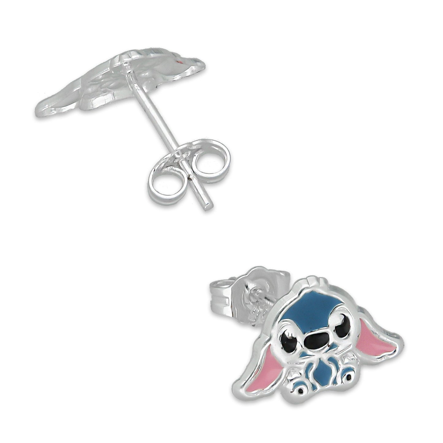 LPADJ074 Set de Aretes y Dije Stitch Azul Diámetro 1.6 cm en Plata Ley .925