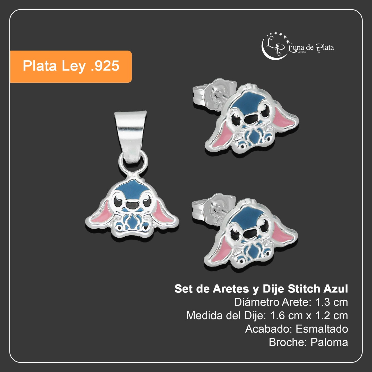 LPADJ074 Set de Aretes y Dije Stitch Azul Diámetro 1.6 cm en Plata Ley .925