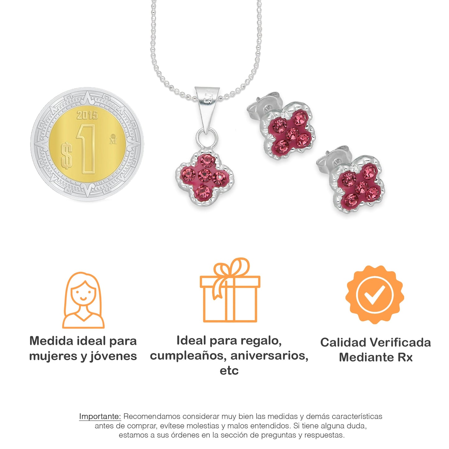 LPADJ075 Set Aretes + Dije + Cadena Trébol Rosa Cristalitos Diámetro 2.1 cm en Plata Ley .925
