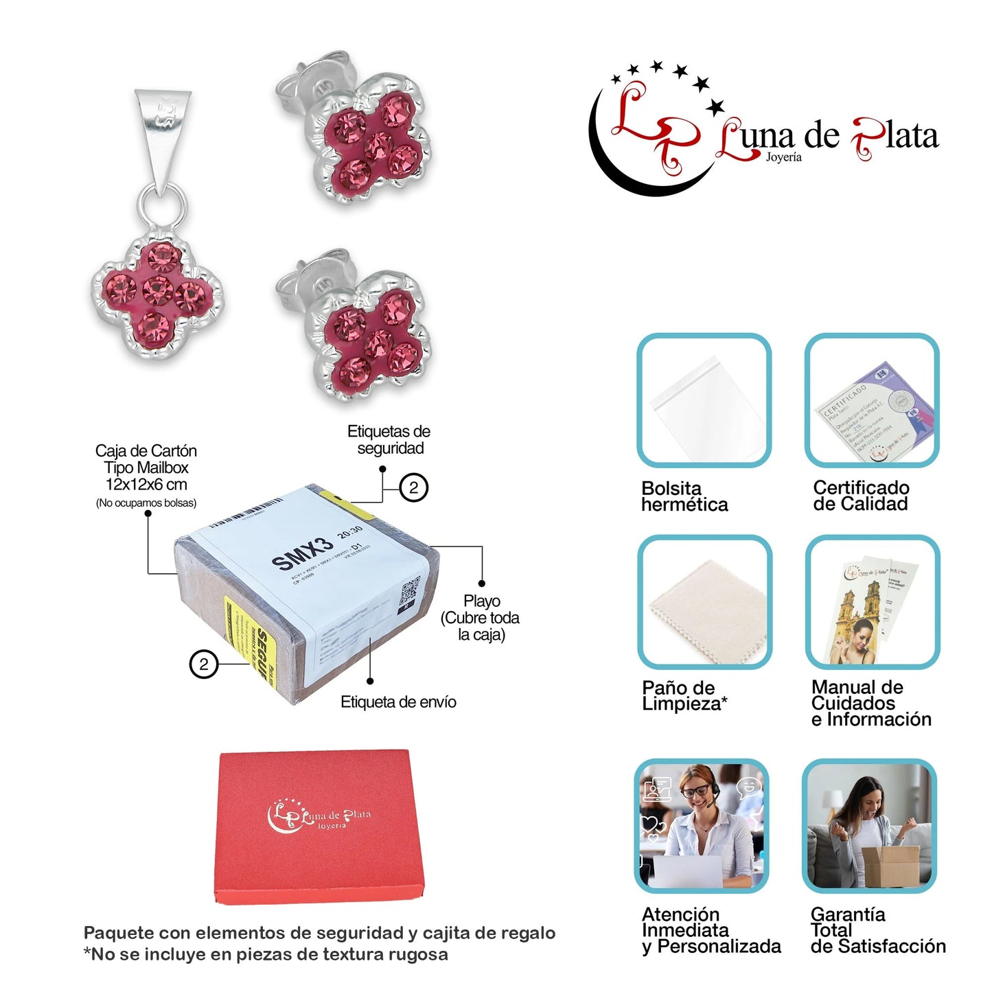 LPADJ076 Set de Aretes y Dije Trébol Rosa Cristalitos Diámetro 2.1 cm en Plata Ley .925