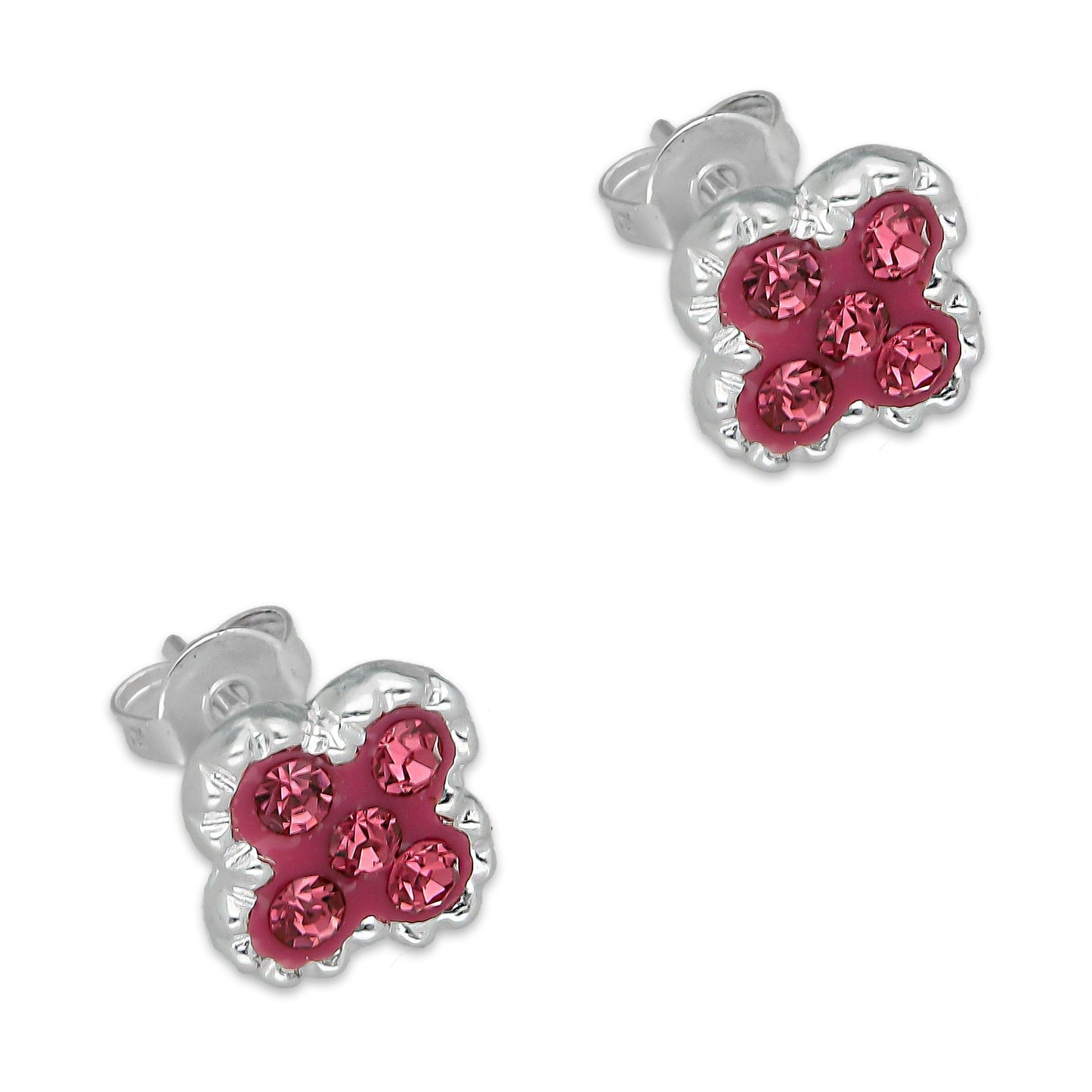LPADJ076 Set de Aretes y Dije Trébol Rosa Cristalitos Diámetro 2.1 cm en Plata Ley .925
