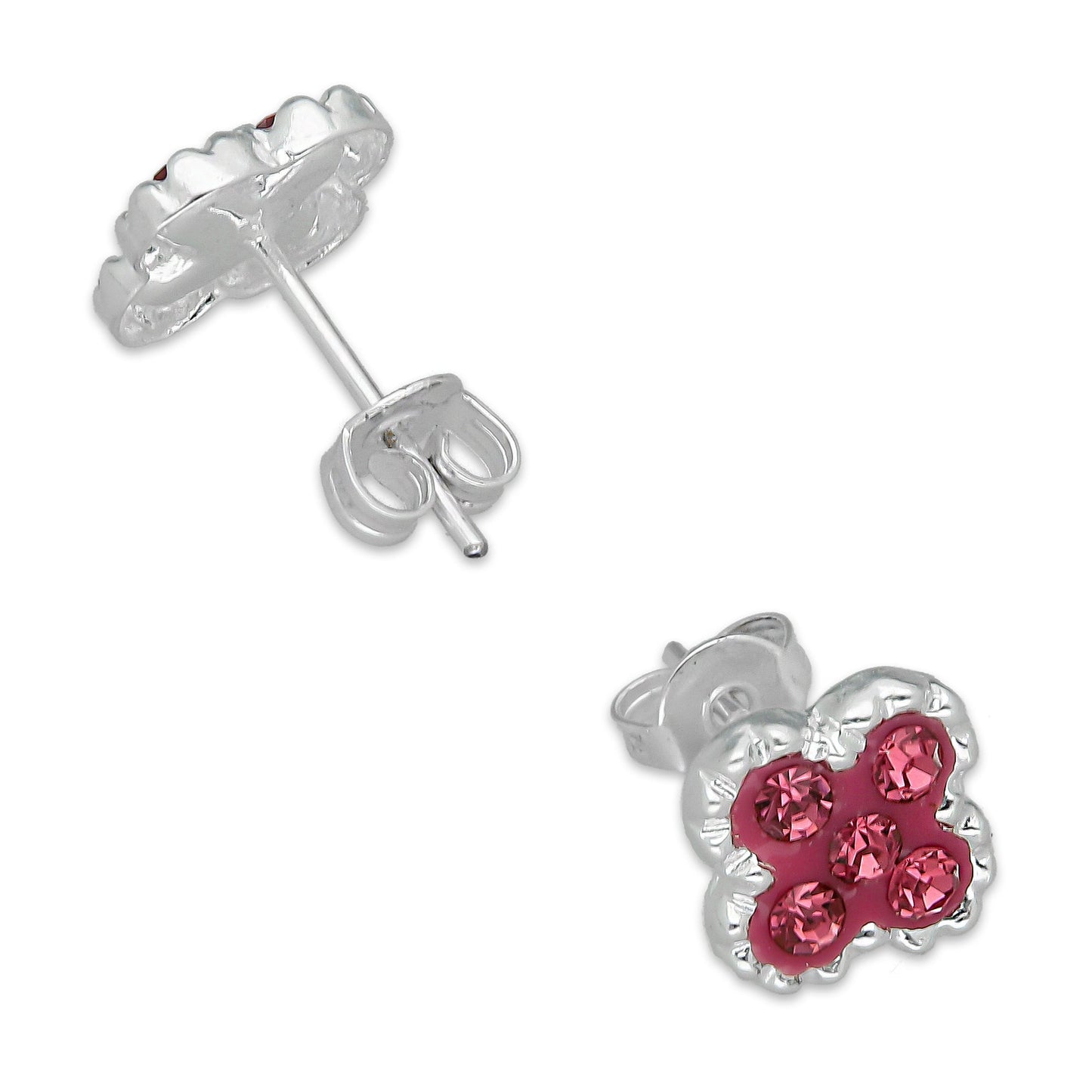 LPADJ076 Set de Aretes y Dije Trébol Rosa Cristalitos Diámetro 2.1 cm en Plata Ley .925
