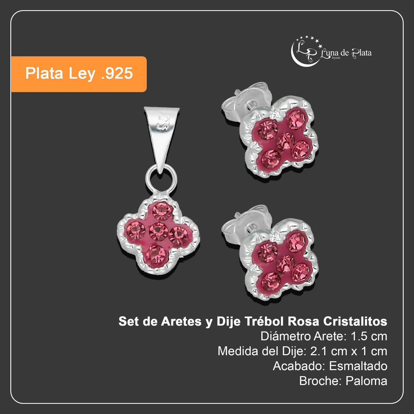 LPADJ076 Set de Aretes y Dije Trébol Rosa Cristalitos Diámetro 2.1 cm en Plata Ley .925