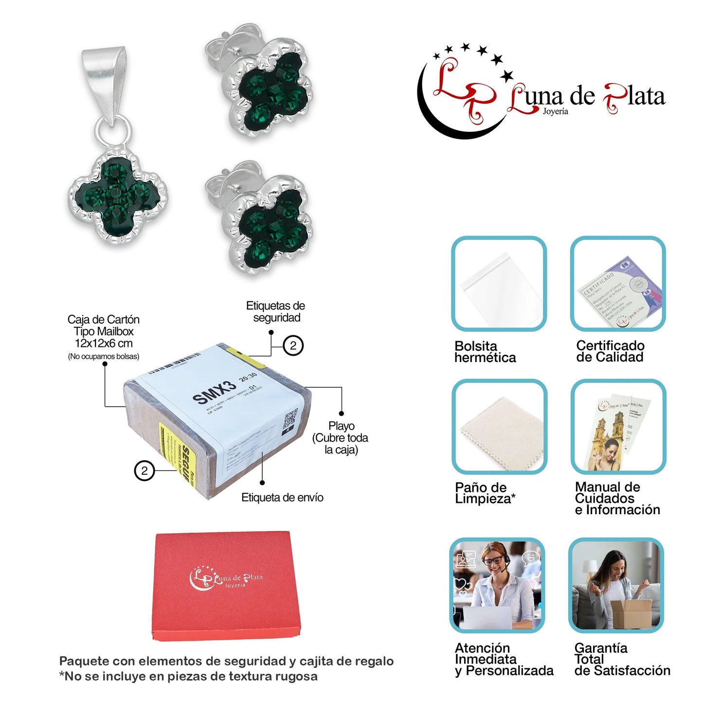 LPADJ078 Set de Aretes y Dije Trébol Verde Cristalitos Diámetro 2.1 cm en Plata Ley .925