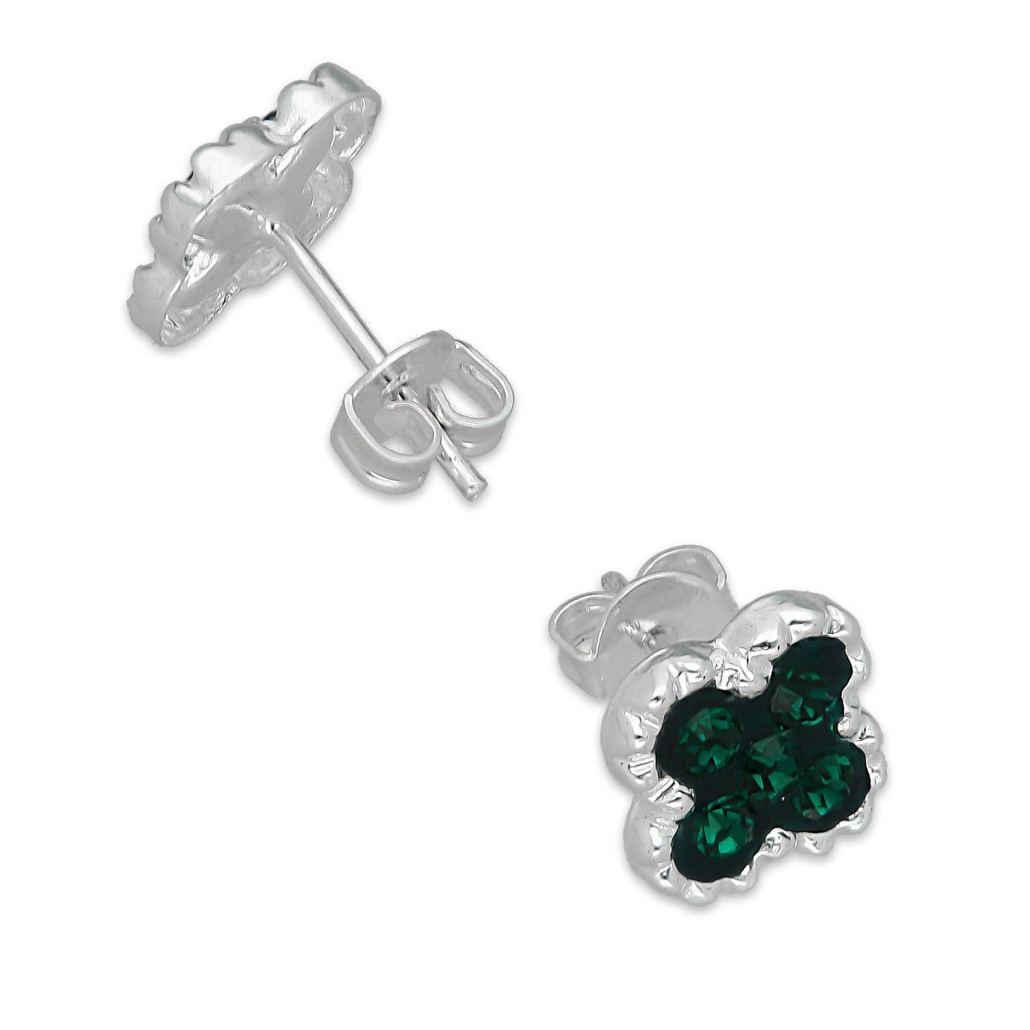 LPADJ078 Set de Aretes y Dije Trébol Verde Cristalitos Diámetro 2.1 cm en Plata Ley .925