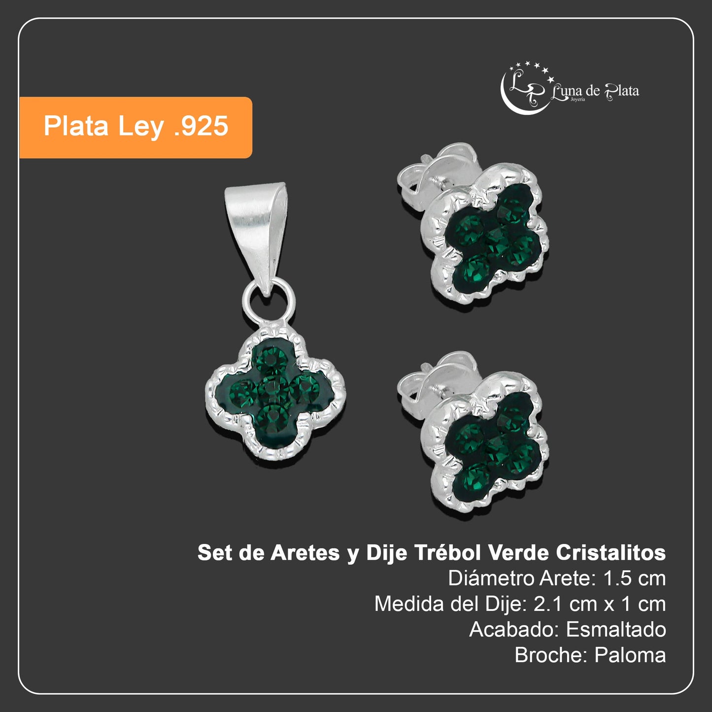 LPADJ078 Set de Aretes y Dije Trébol Verde Cristalitos Diámetro 2.1 cm en Plata Ley .925
