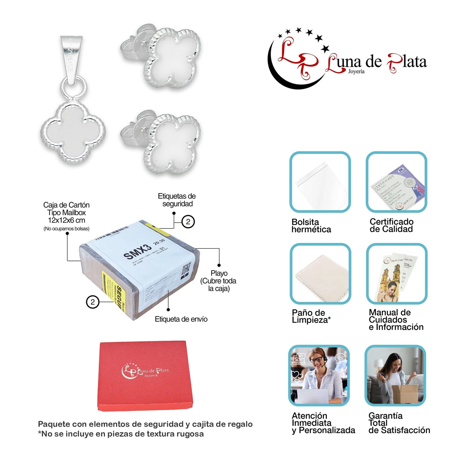LPADJ080 Set de Aretes y Dije Trébol Blanco Nal Diámetro 1.9 cm en Plata Ley .925