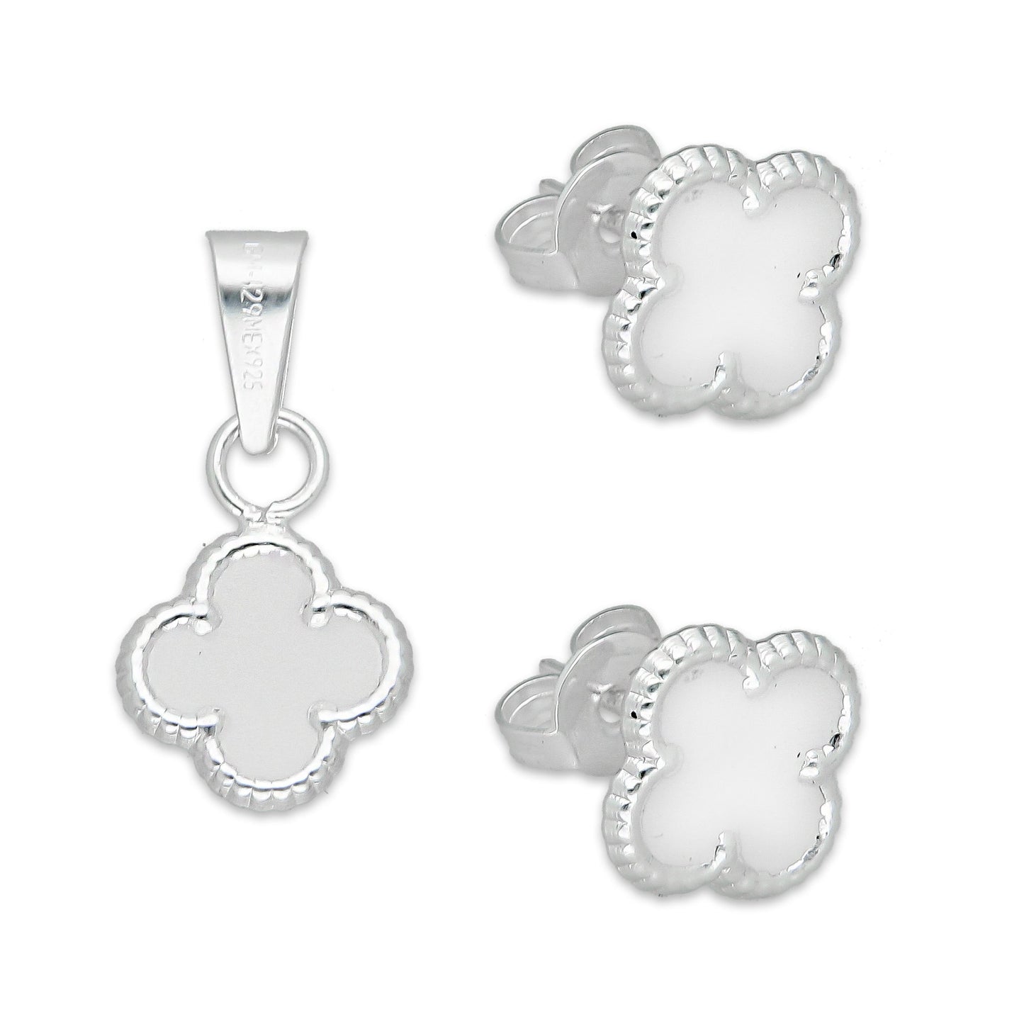LPADJ080 Set de Aretes y Dije Trébol Blanco Nal Diámetro 1.9 cm en Plata Ley .925