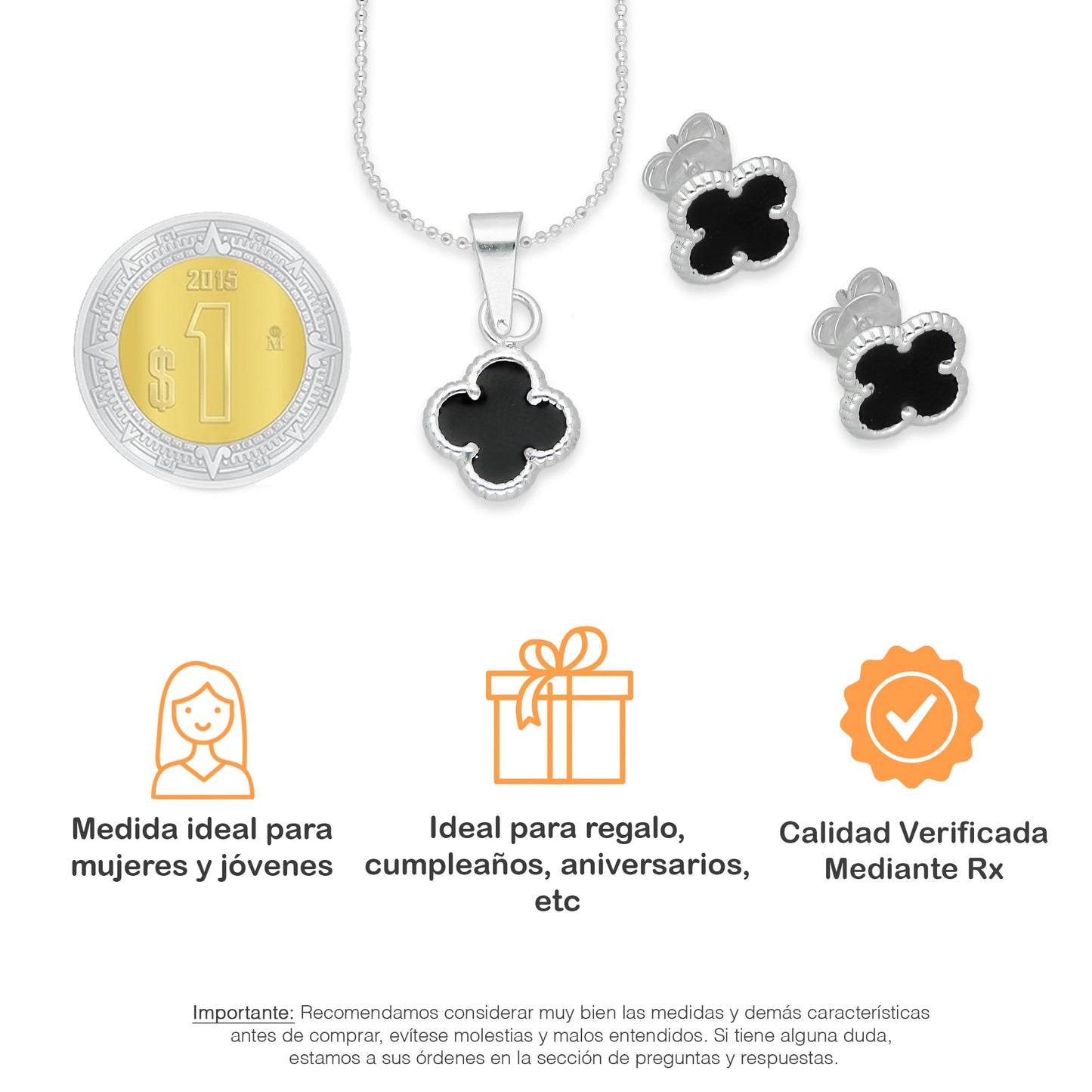 LPADJ081 Set Aretes + Dije + Cadena Trébol Negro Nal Diámetro 1.9 cm en Plata Ley .925