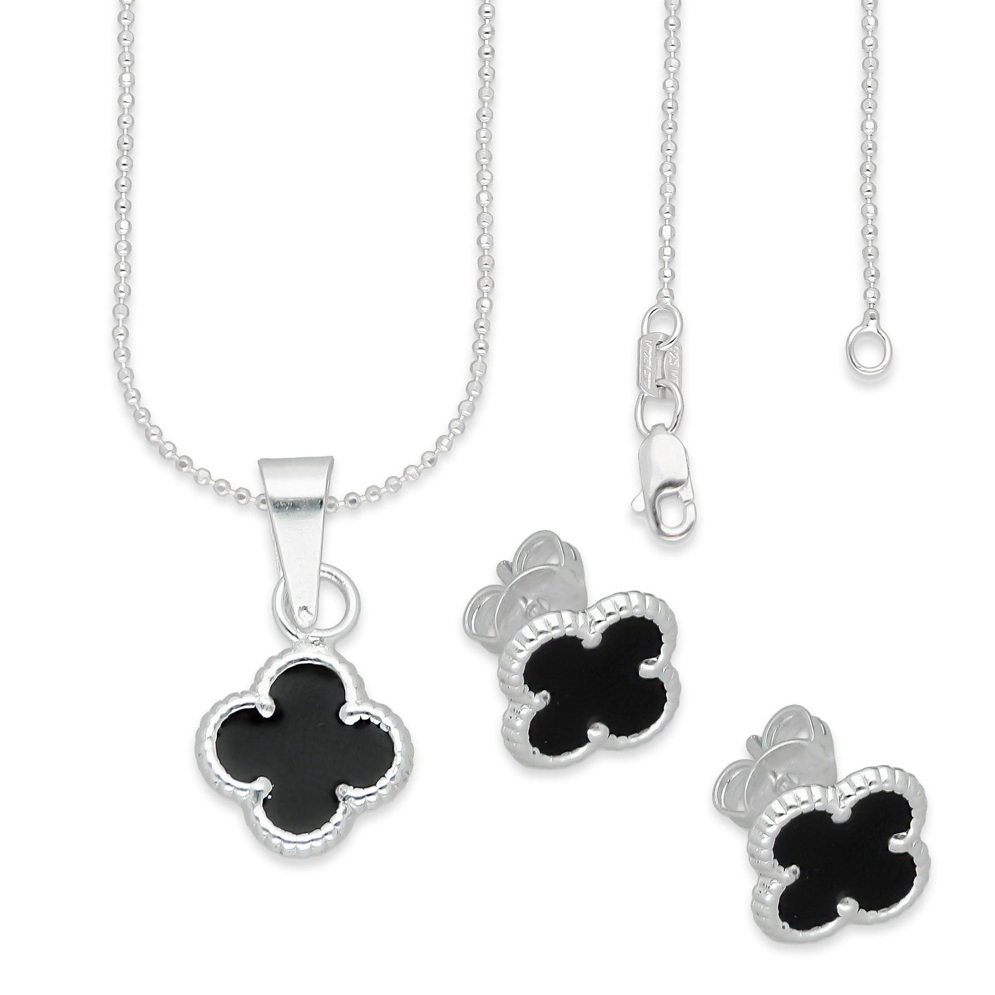 LPADJ081 Set Aretes + Dije + Cadena Trébol Negro Nal Diámetro 1.9 cm en Plata Ley .925