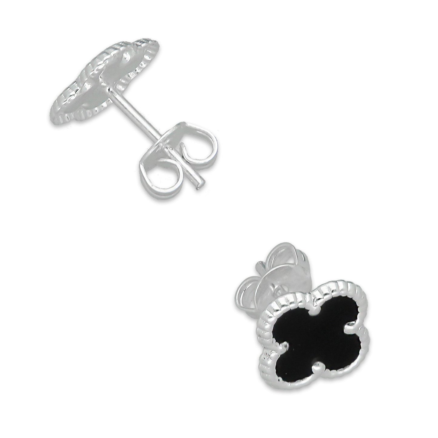 LPADJ082 Set de Aretes y Dije Trébol Negro Nal Diámetro 1.9 cm en Plata Ley .925