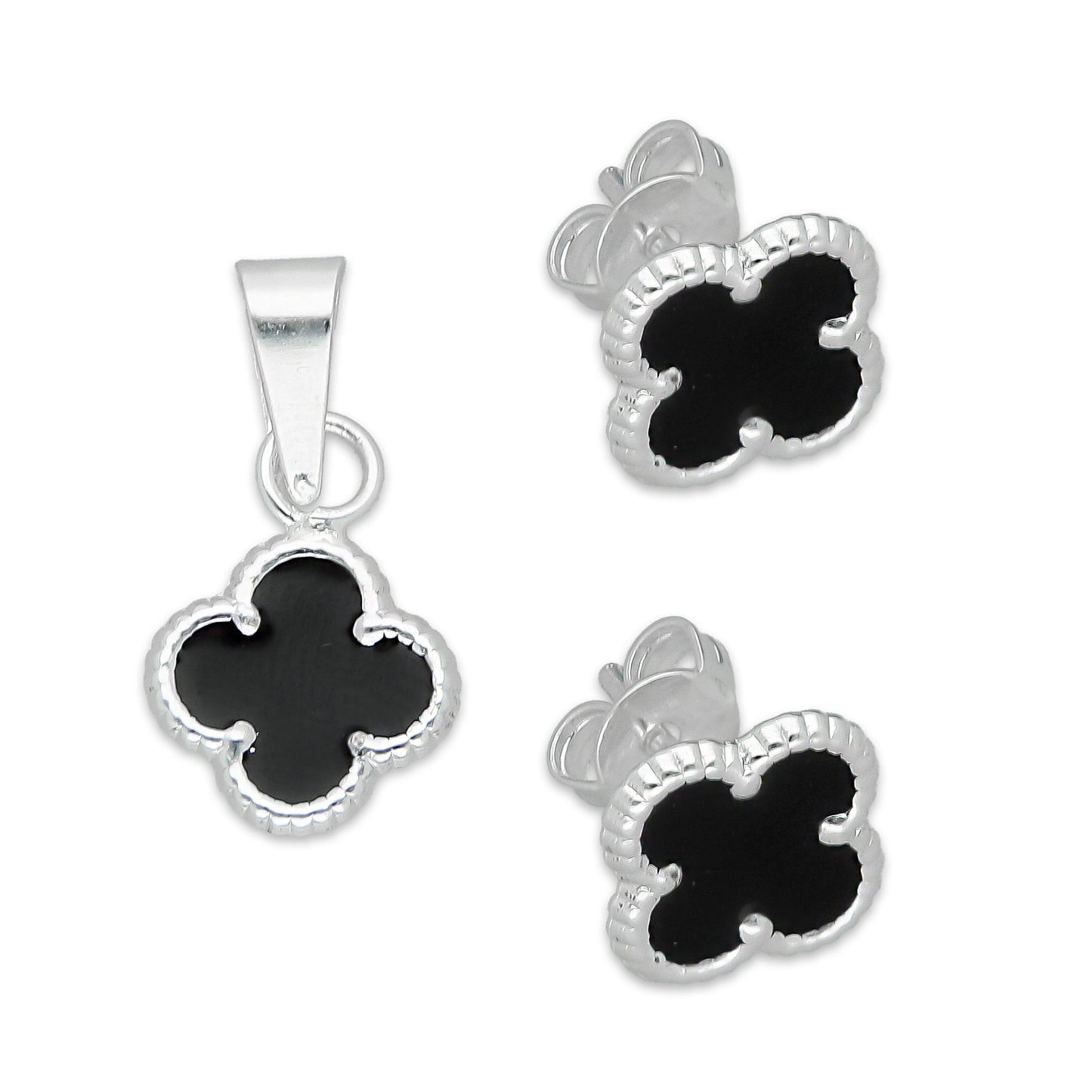 LPADJ082 Set de Aretes y Dije Trébol Negro Nal Diámetro 1.9 cm en Plata Ley .925