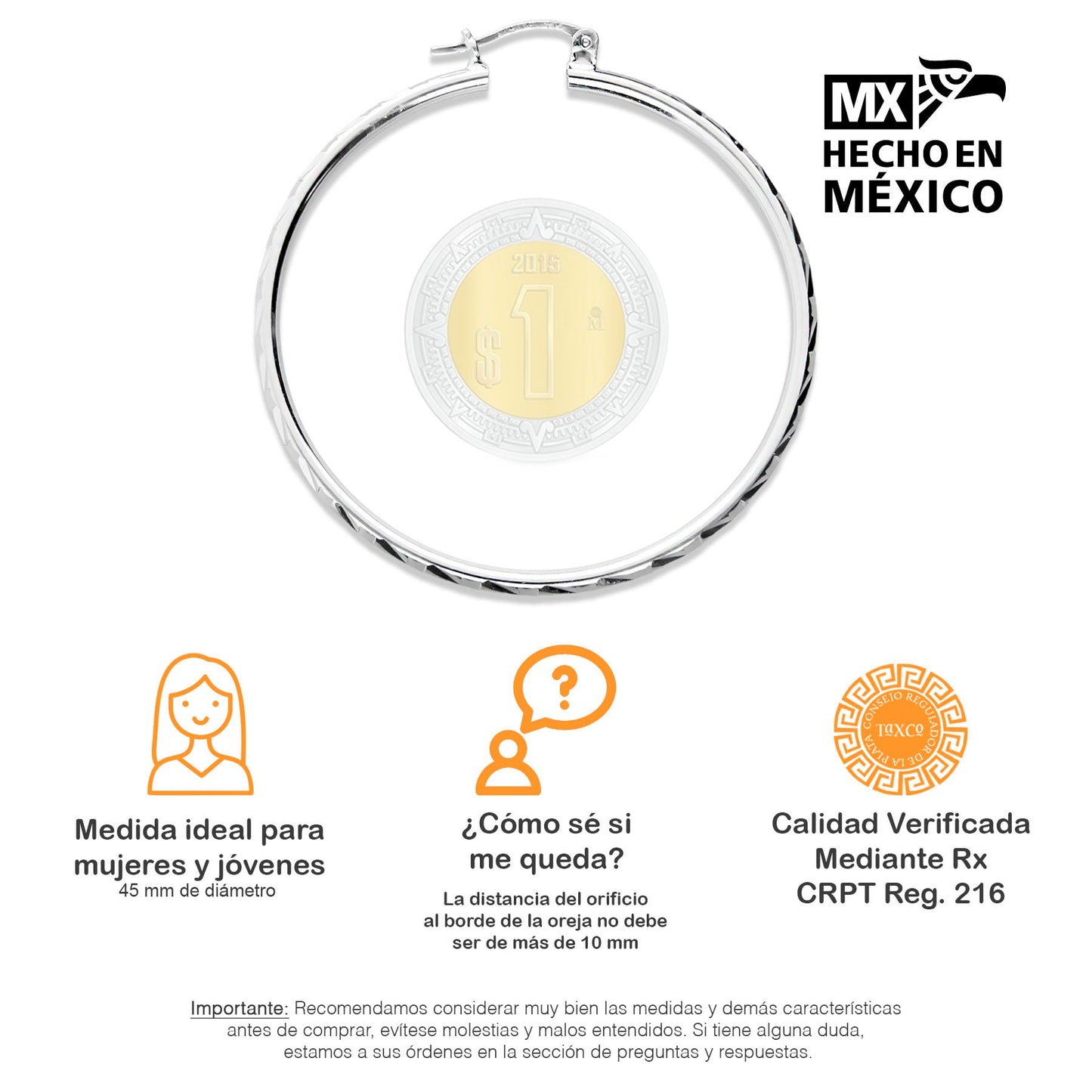 LPAF010 Arracada De Plata .925 - 45 Mm T6 Mod Facetada Bambú Taxco MLM922887029